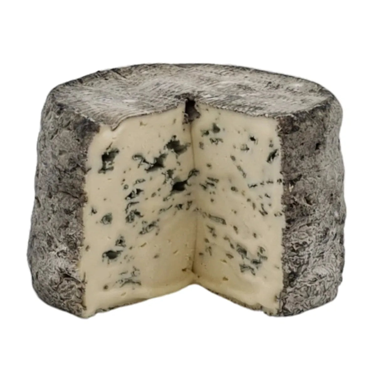 Image of Persillé de Chèvre, an artisanal creamy blue-veined cheese with an ash-coated rind, perfect for cheese boards and gourmet pairings.