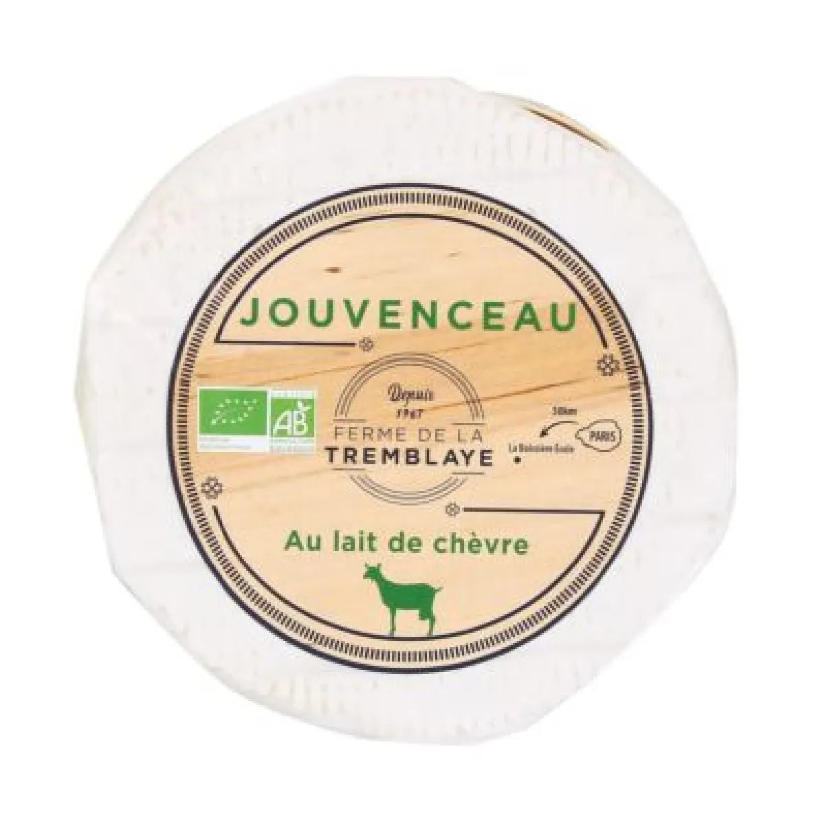 Goat cheese Jouvenceau, featuring a creamy texture and a fluffy rind. This soft cheese, with its immaculate white color, offers delicate aromas of underbrush, making it ideal to enjoy on its own or paired with bread and fruits.