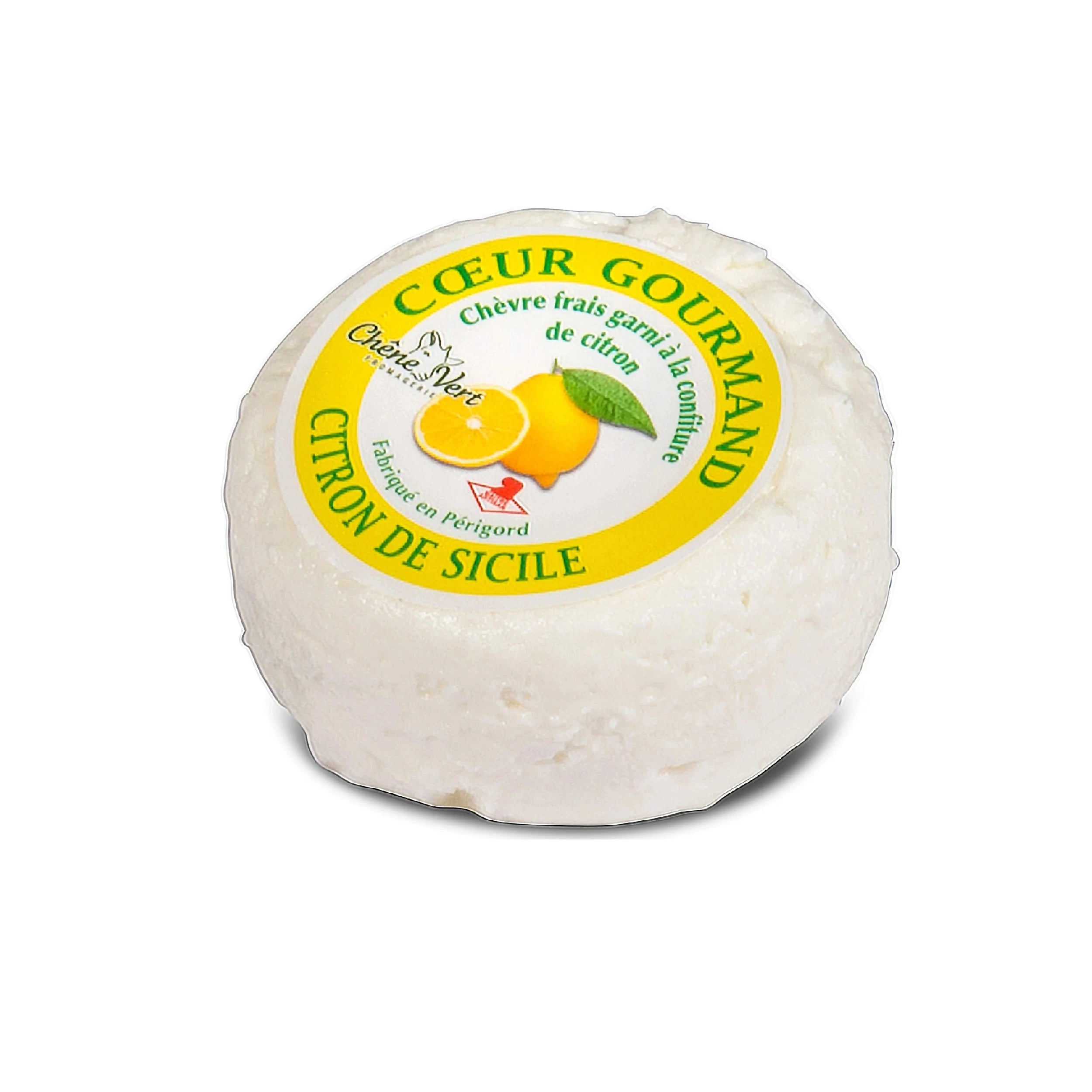 Cœur fourré citron, a soft cheese from Périgord made from pasteurised goat's milk, it is pleasantly creamy and available in other fruity flavours.