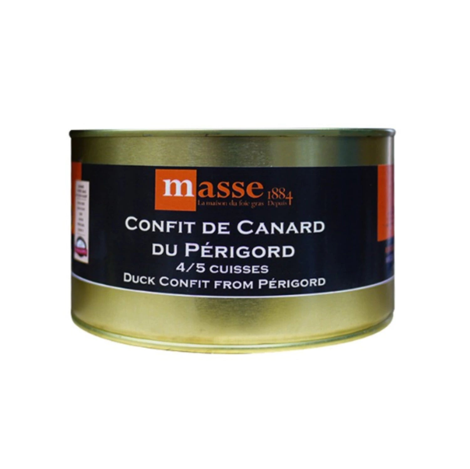 Duck confit legs, 1,3kg in can, crispy skin glistening, surrounded by duck fat-fried potatoes and fresh herbs.