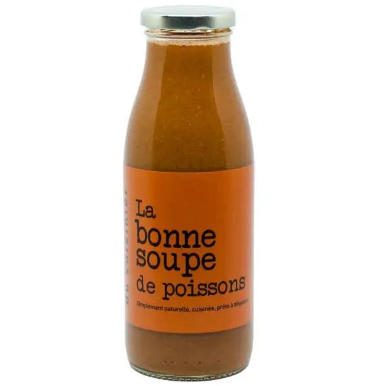 Bottle of amber-colored Breton fish soup with visible chunks of red mullet, cod, and conger eel. Garnished with crispy croutons, a swirl of cream, and sprinkled with grated cheese.