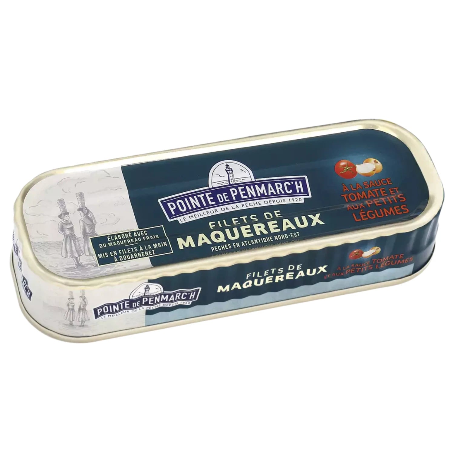 Image of Pointe de Penmarc'h mackerel fillets served in a savory tomato sauce with tender vegetables. The fillets are responsibly sourced, caught at peak season, and designed to offer exceptional flavor and texture, appealing to gourmet seafood enthusiasts.