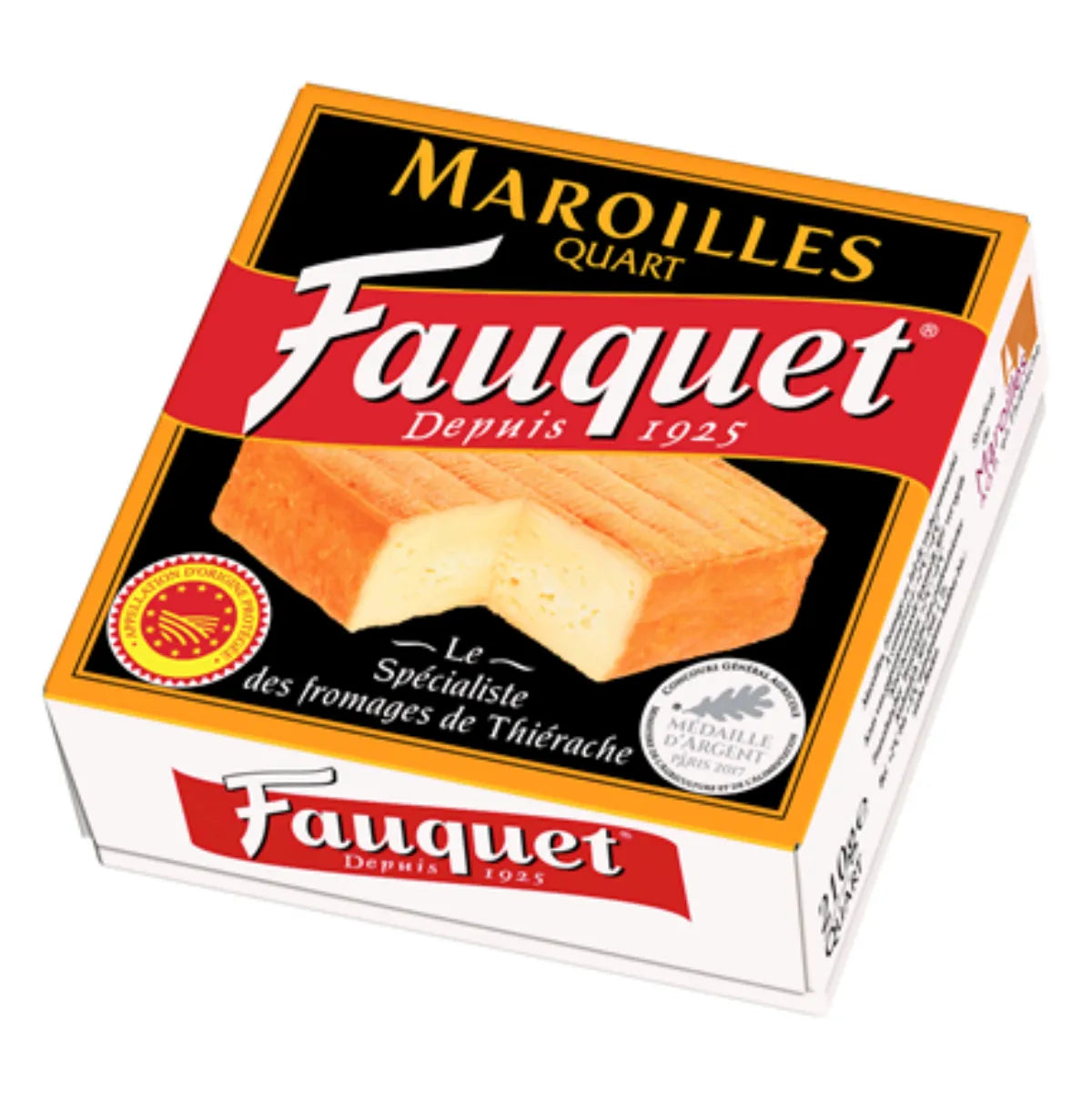 Maroilles Fauquet, artisanal AOP cheese from the North of France, with an orange rind and creamy paste, featuring a refined and robust flavor, perfect for cheese boards.