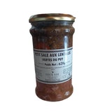  Salted Pork with Lentils, showcasing tender chunks of pork nestled among earthy green lentils. The dish is garnished with fresh herbs and served on a rustic wooden table, capturing the essence of traditional French comfort food.