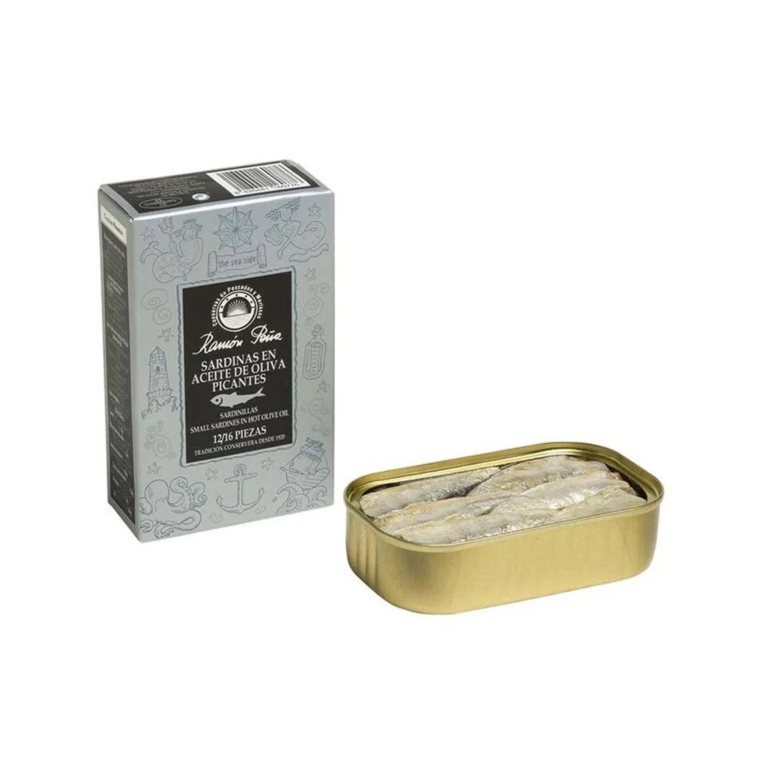 Ramón Peña's premium sardines in tin, surrounded by Galician coastline. Served on toasted bread with caramelized onions, green peppers, and zucchini, showcasing Spanish culinary excellence.