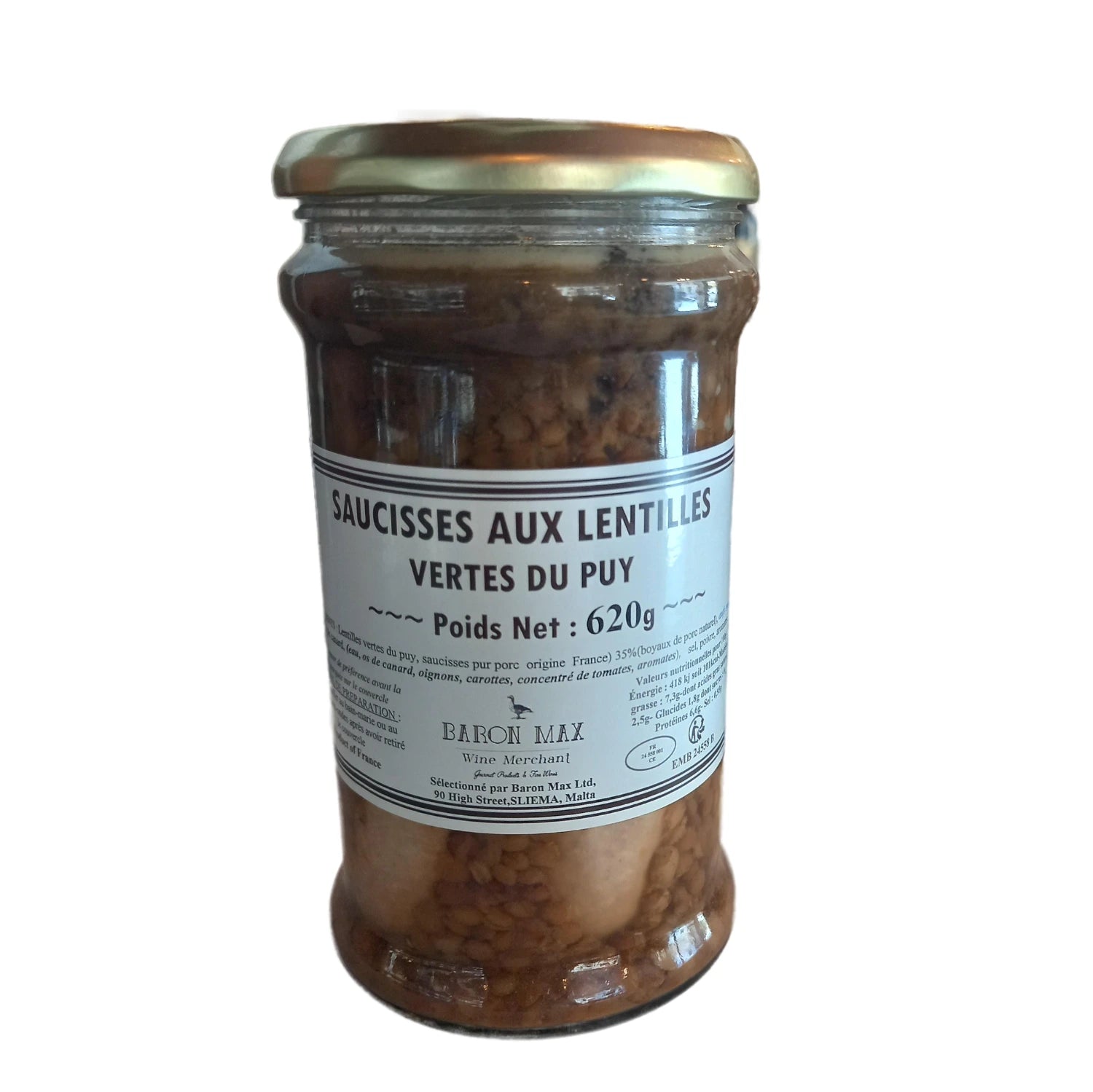 Sausages and Lentils, featuring juicy sliced sausages nestled among a bed of golden-brown lentils.