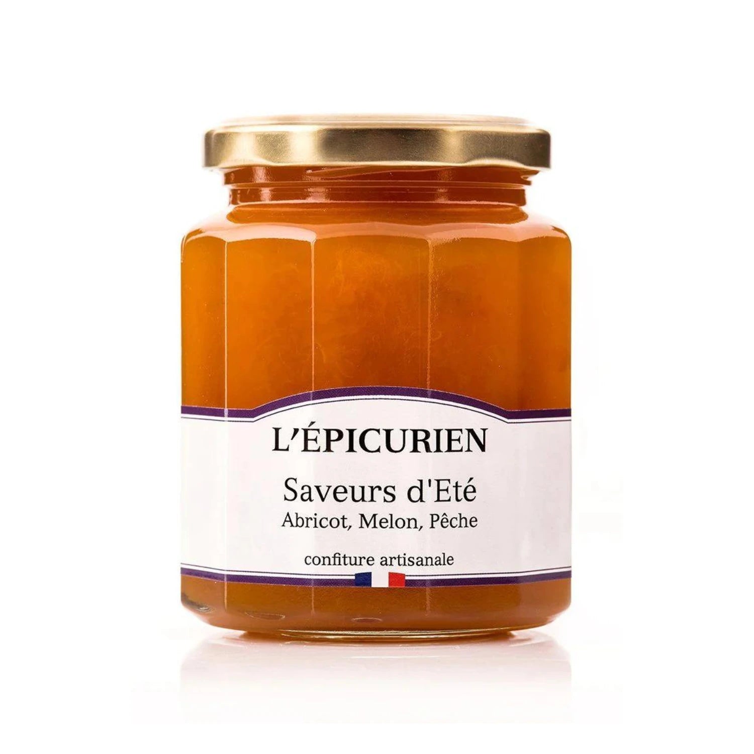 Jar of artisanal Summer Fusion Jam with fresh apricots, melons, and peaches. Vibrant spread on rustic bread, alongside a gourmet cheese platter.