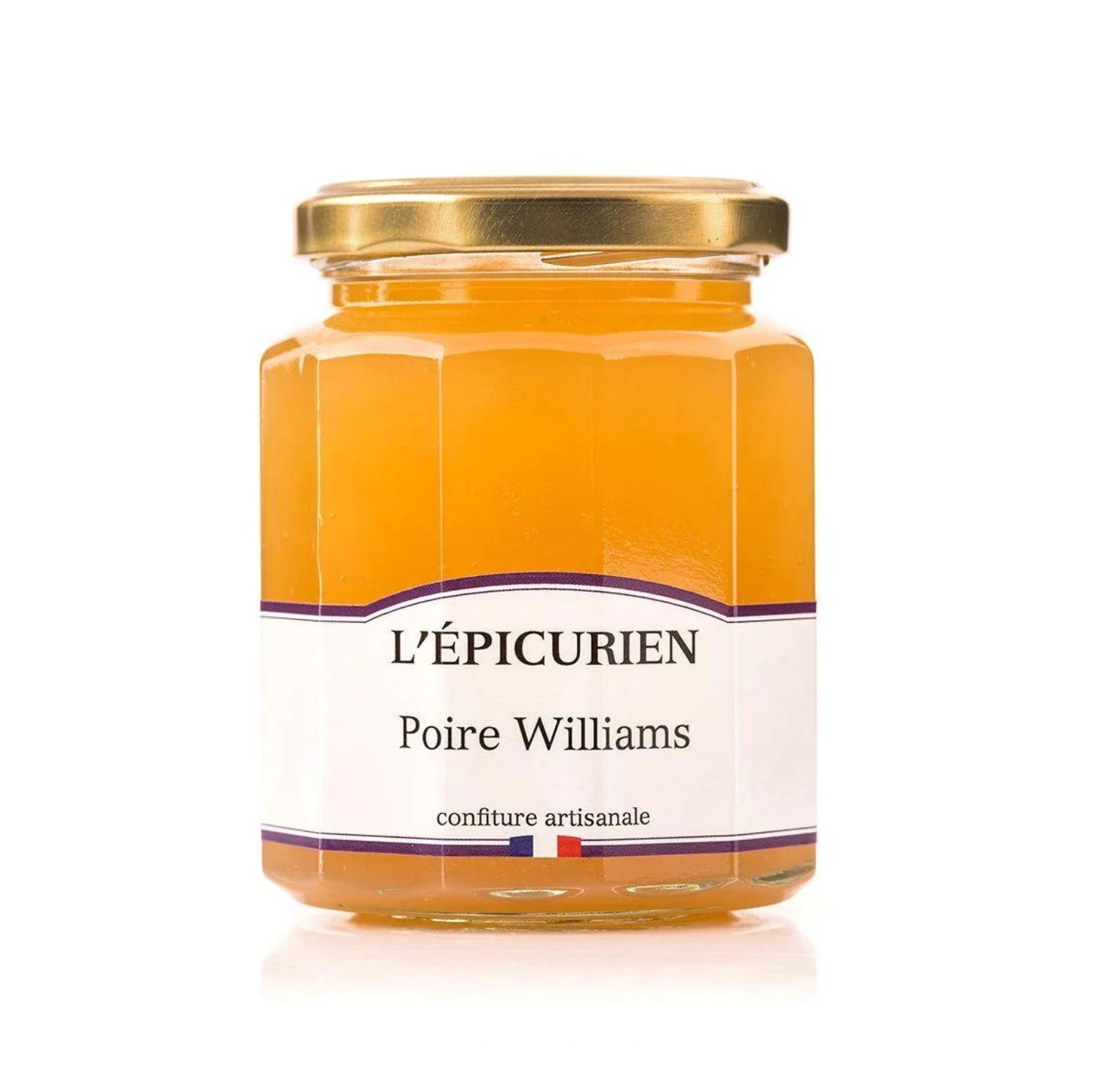 Jar of artisanal Williams Pear Jam with fresh, golden pears. Smooth, velvety spread on rustic bread, alongside a gourmet cheese platter and sliced pears.