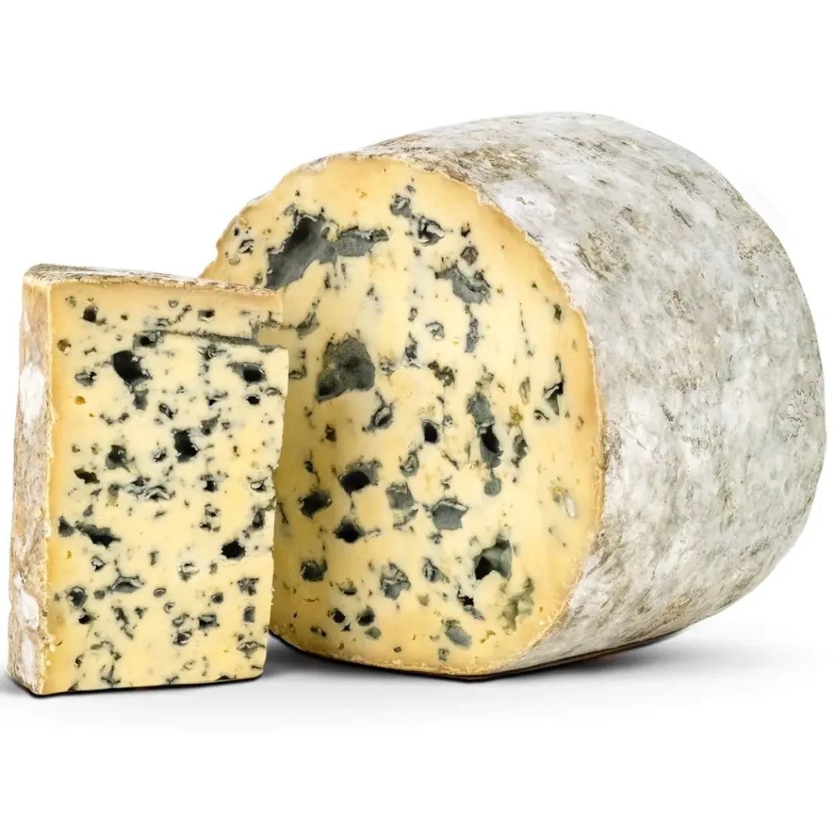 A wedge of Fourme d'Ambert AOP, a premium artisanal French blue cheese from the Auvergne region. This raw cow's milk cheese features a distinct blue-green veining and a soft, supple paste, delivering a rich, creamy, and earthy flavor profile.