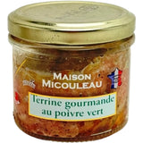 Jar of Gourmet Green Pepper Terrine Micouleau 90g, French terrine with green pepper, smooth texture and savory gourmet flavor.