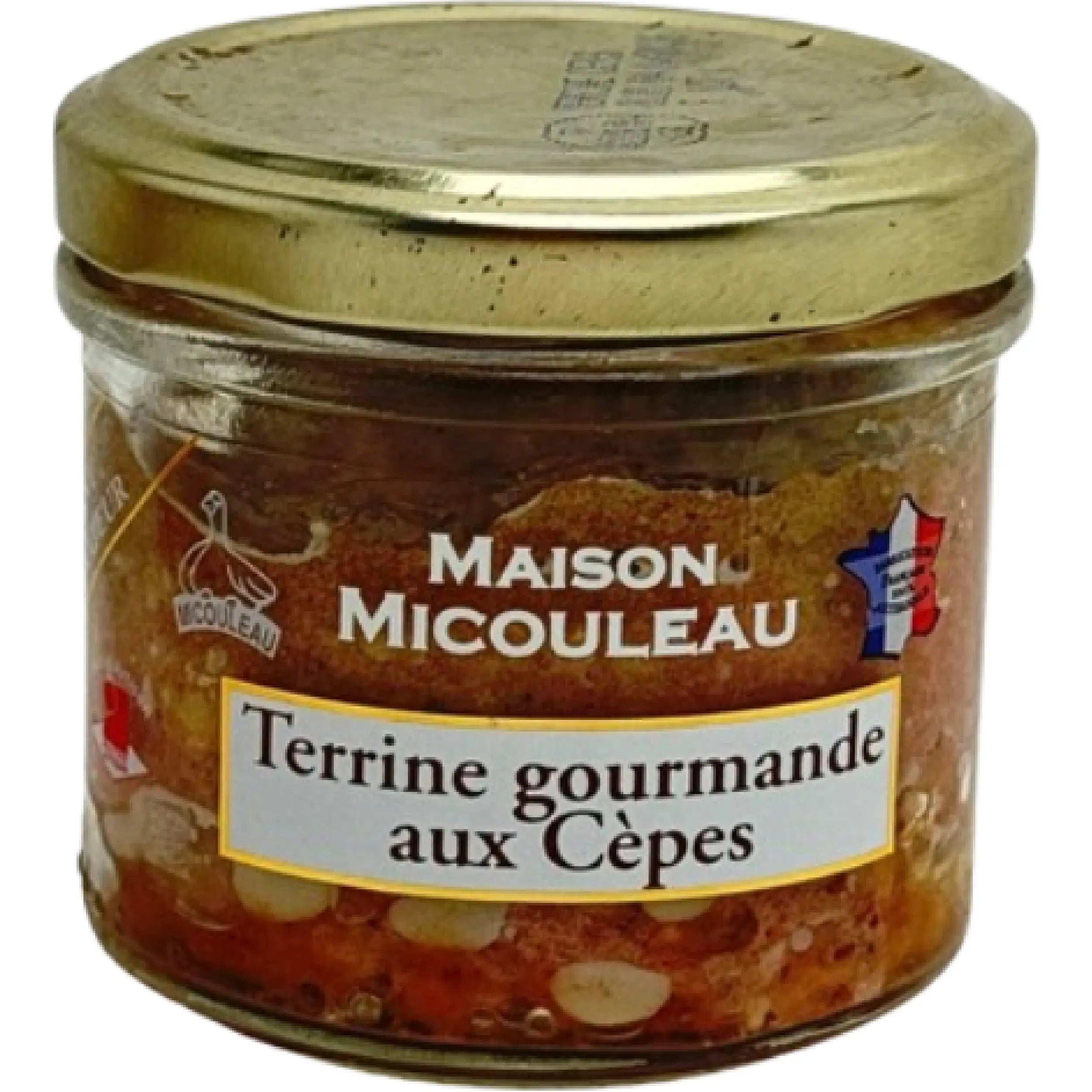 Jar of Gourmet Porcini Mushroom Terrine Micouleau 90g, French terrine with porcini mushrooms, smooth texture and rich earthy flavor.