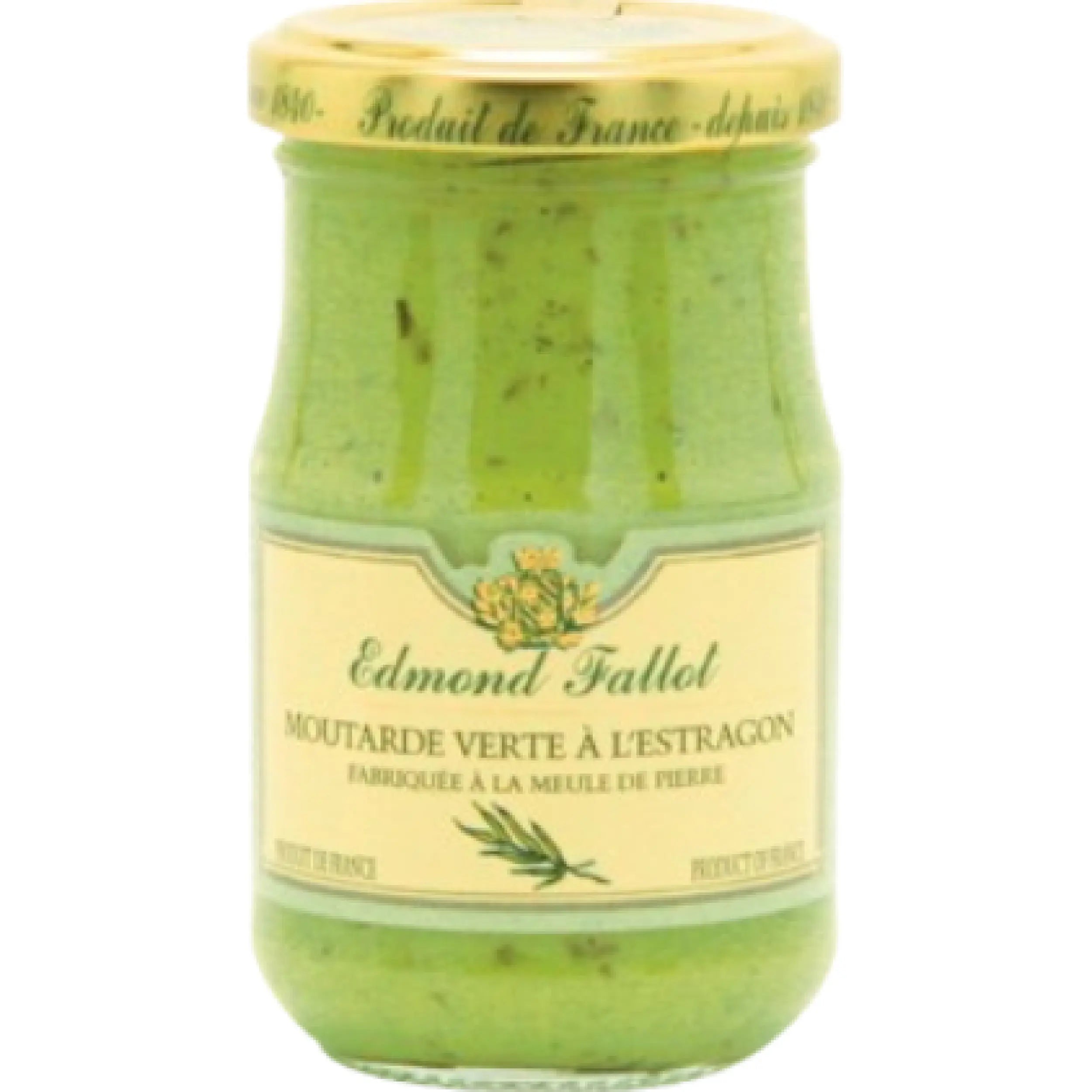 Jar of Green Mustard with Tarragon Edmond Fallot 210g, creamy French mustard infused with fresh tarragon for gourmet cooking and sauces.