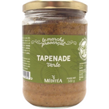 Jar of Green Tapenade Méditéa 500g, smooth spread made from green olives, Mediterranean appetizer with fresh and savory flavors.
