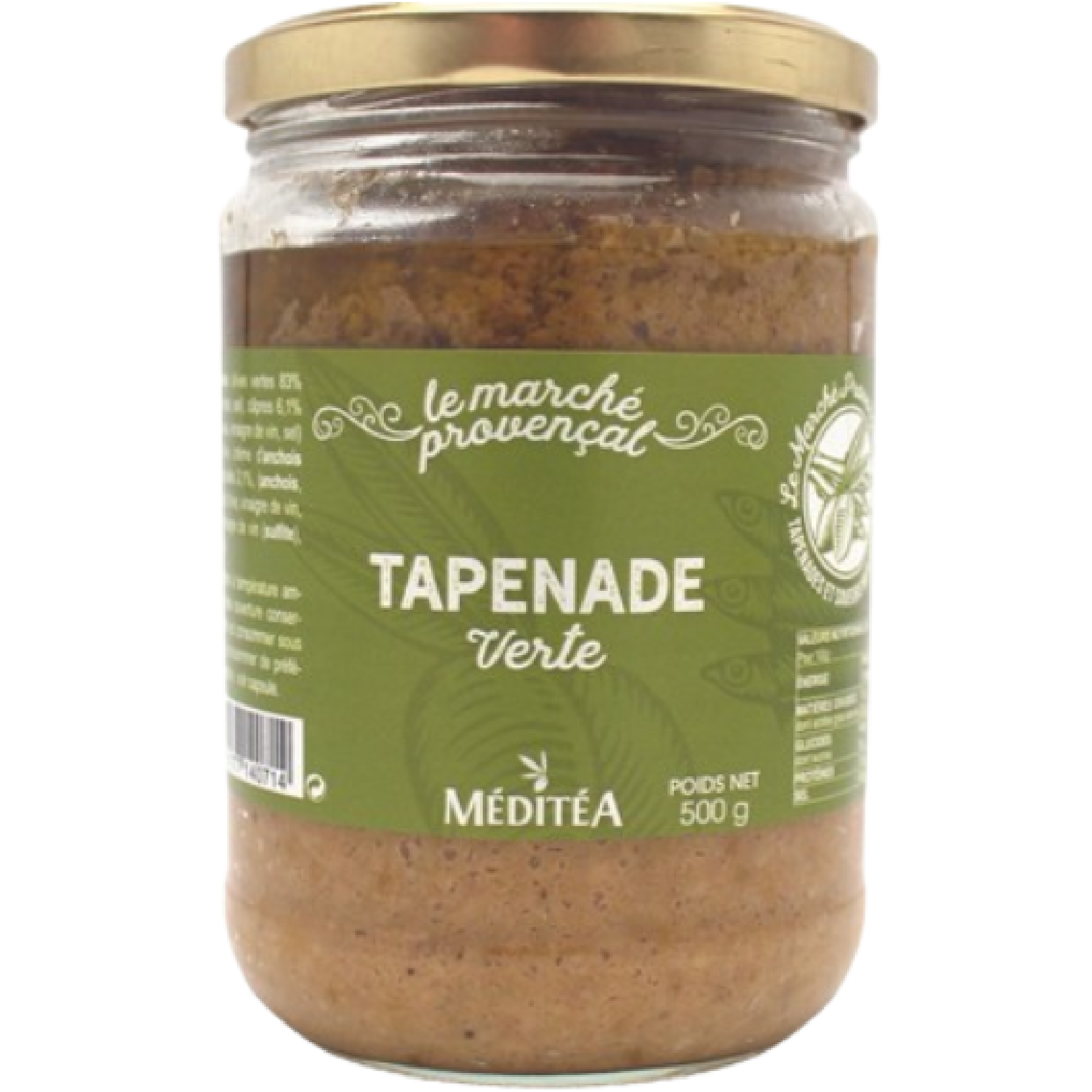 Jar of Green Tapenade Méditéa 500g, smooth spread made from green olives, Mediterranean appetizer with fresh and savory flavors.