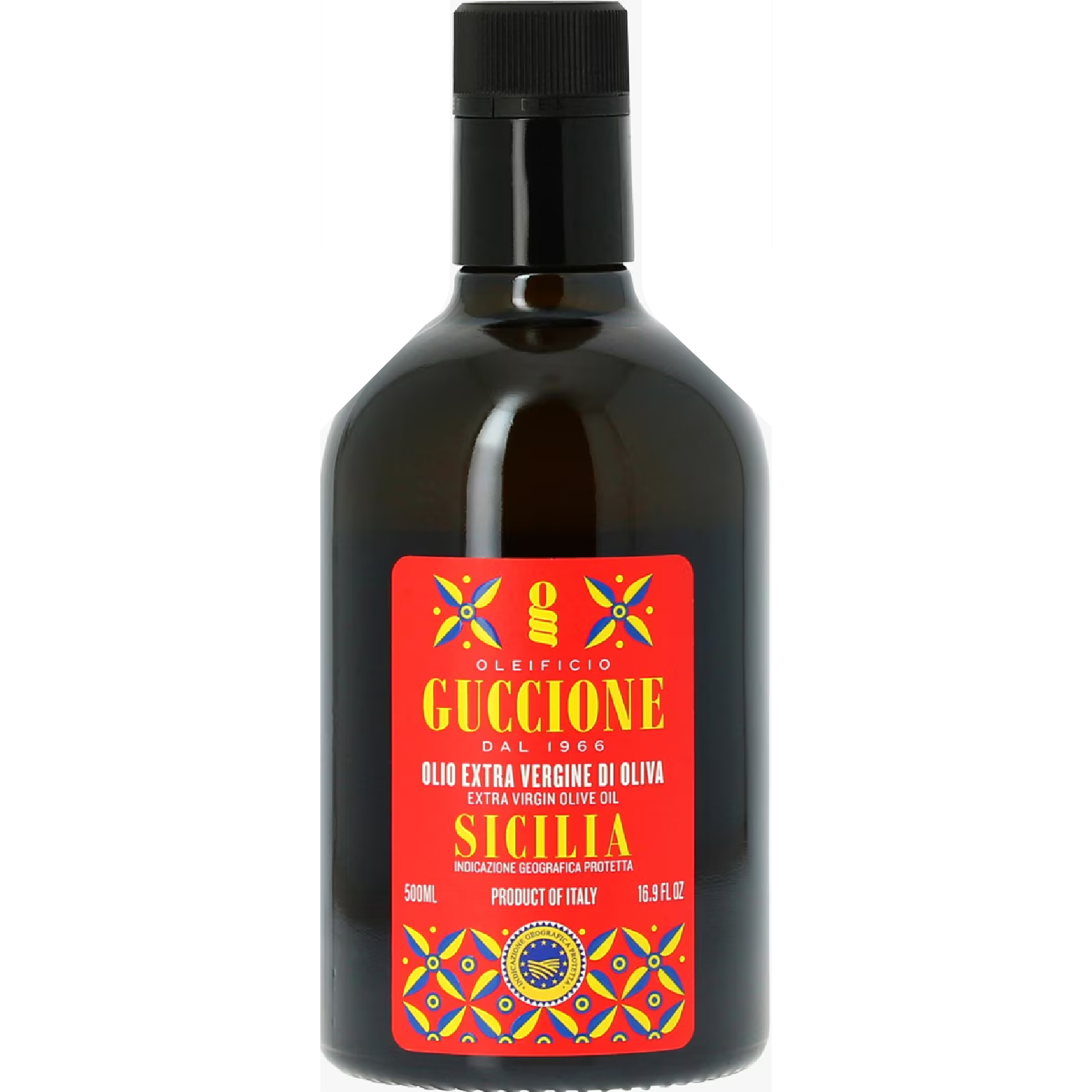 bottle of Guccione Sicilian Extra Virgin Olive Oil, smooth and fruity, perfect for salads, pasta, grilled vegetables, and Mediterranean dishes.