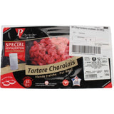 Fresh hand-cut Charolais beef tartare, premium French raw beef specialty with tender texture, prepared for gourmet dining and appetizers.