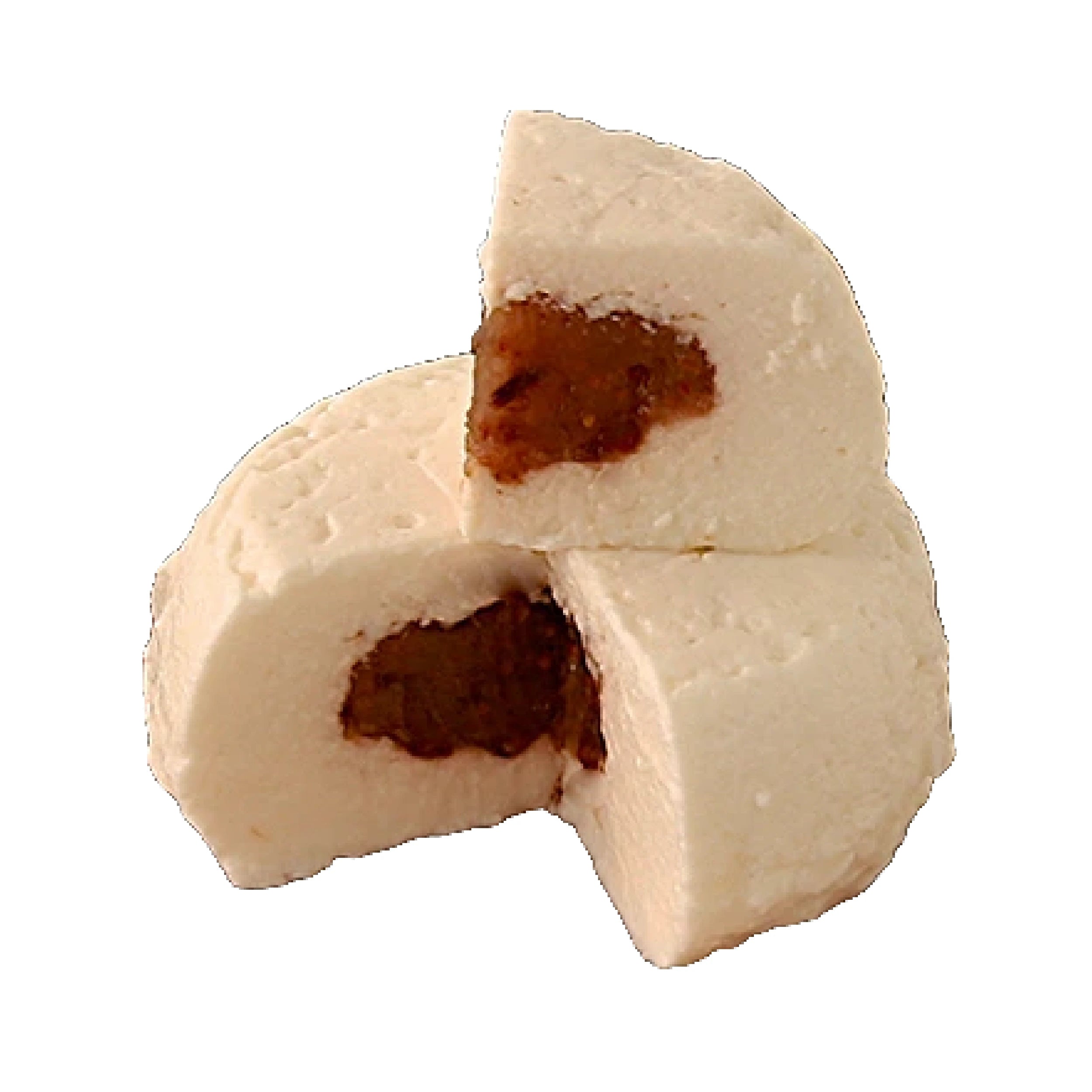 Heart with Strawberry Filling: Artisanal heart-shaped goat cheese from Périgord Vert, France. Soft, creamy texture with natural rind. Pink strawberry compote filling visible in center, creating a sweet and savory flavor profile. Made by Fromagerie du Chêne Vert using pasteurized goat's milk. 80g cheese with 12% fat content. Perfect for cheese platters, appetizers, or gourmet desserts. Handcrafted delicacy combining traditional French cheesemaking with innovative fruit pairing.