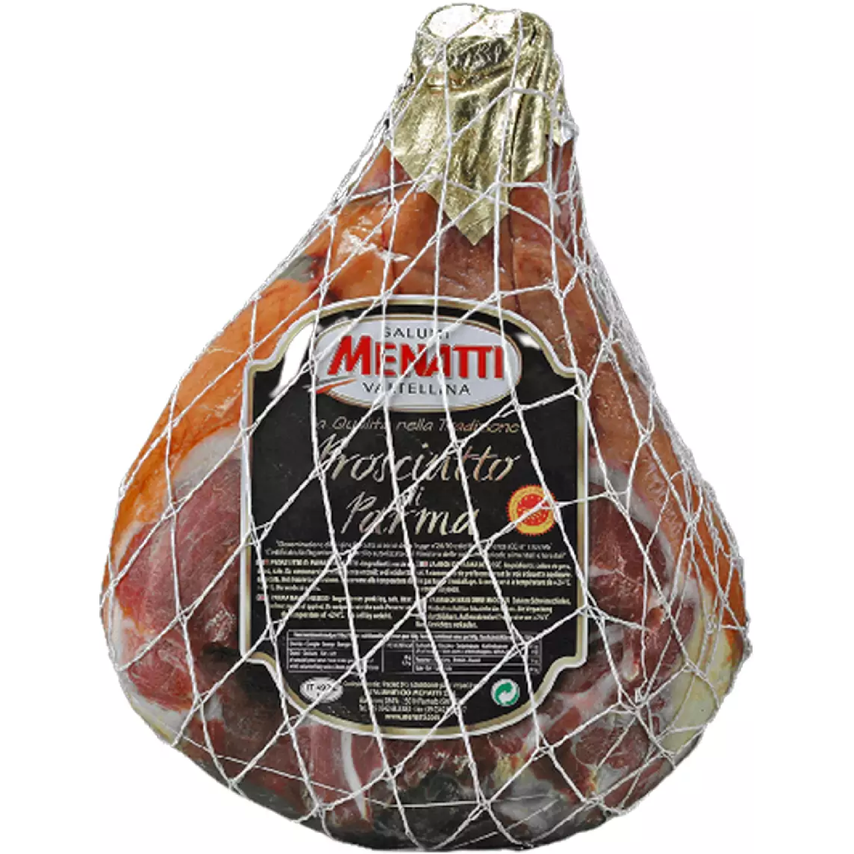 Sliced Italian dry-cured ham aged 10–12 months from Menatti, displayed on a wooden board with thin, delicate pink slices.