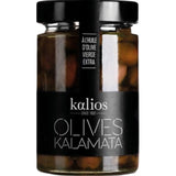 Jar of Kalamata Olives in Olive Oil Kalios 290g, premium Greek olives preserved in olive oil with rich Mediterranean flavor and tender texture.