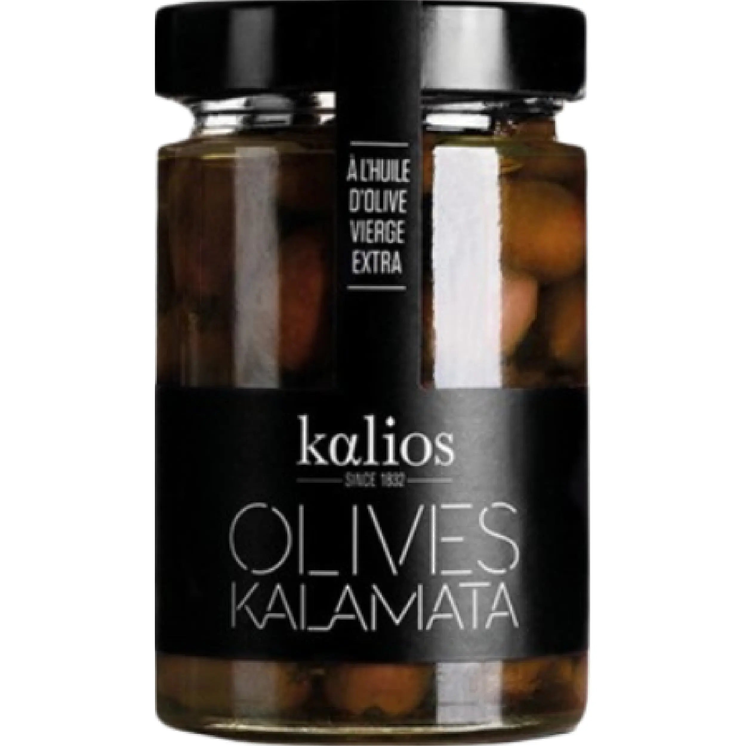 Jar of Kalamata Olives in Olive Oil Kalios 290g, premium Greek olives preserved in olive oil with rich Mediterranean flavor and tender texture.