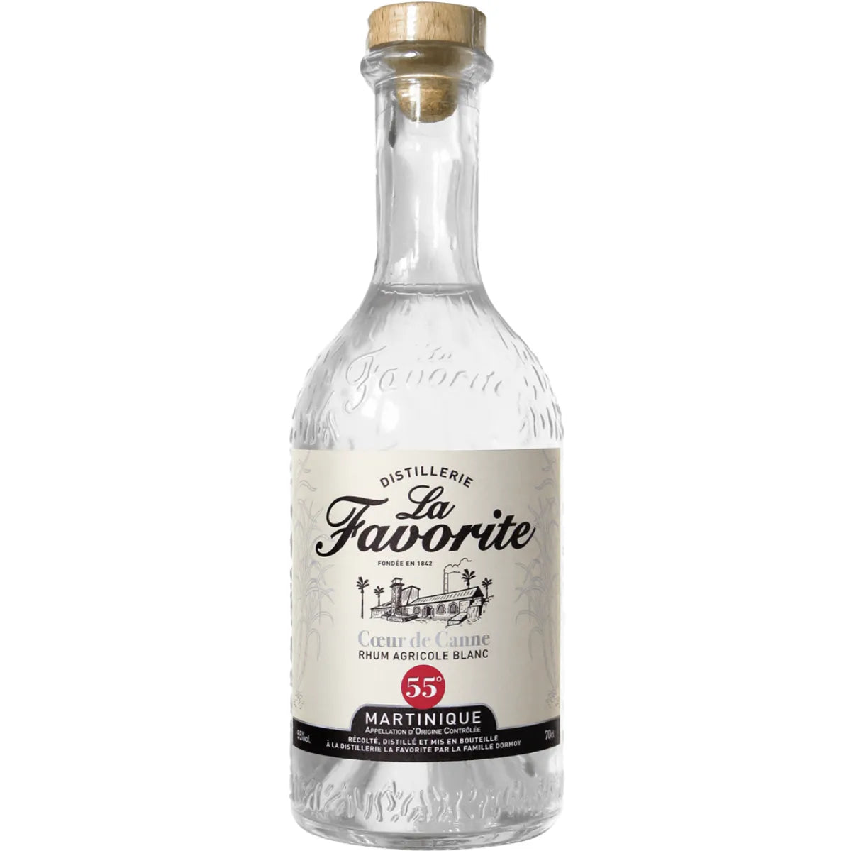 Bottle of La Favorite - Cœur de Canne 55° white rum from Martinique, known for its fresh sugarcane aroma, herbal notes, and artisanal distillation.