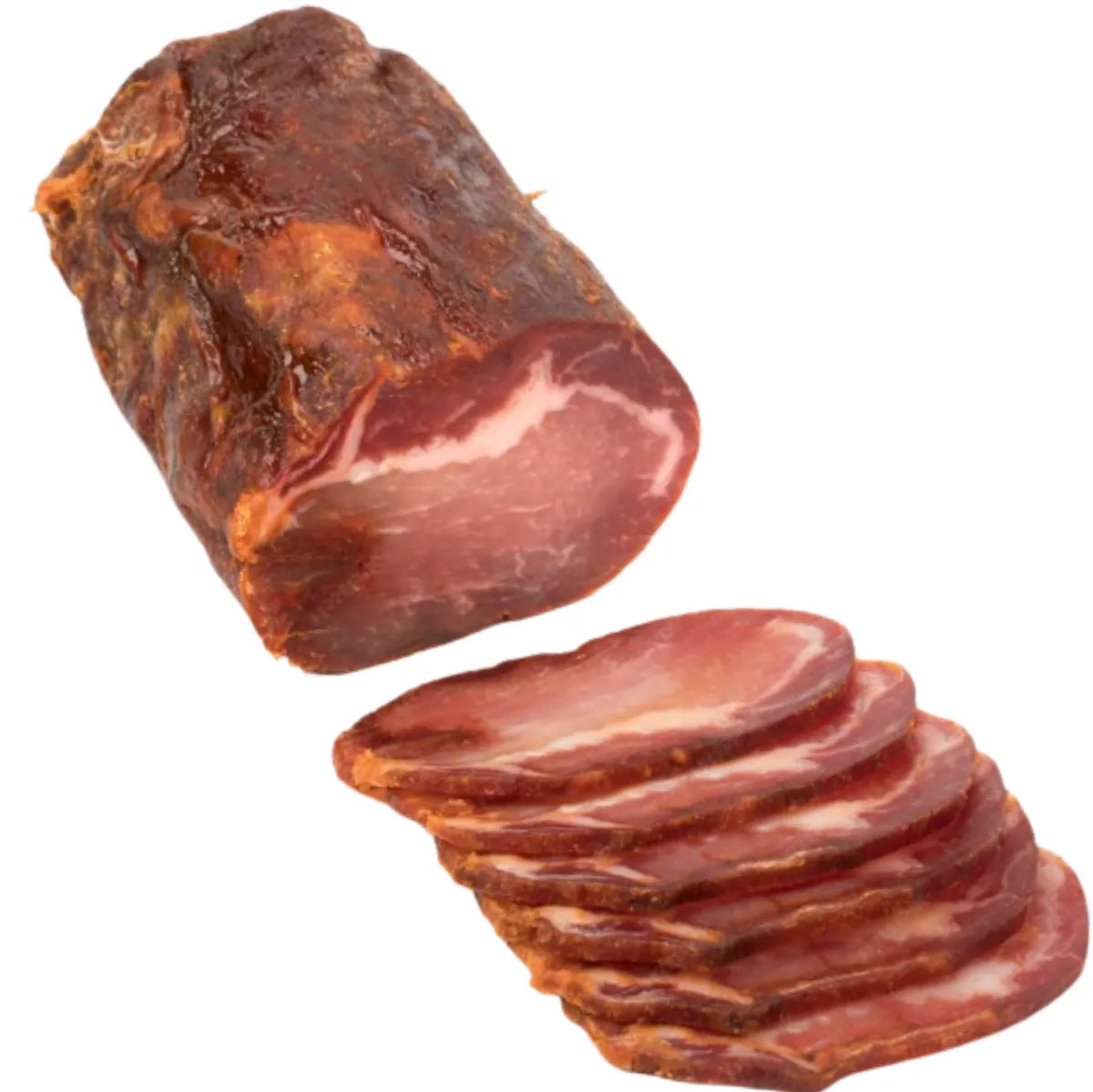 Close-up of sliced Lomo Embuchado from Buisson — a traditional Spanish dry-cured pork loin with natural marbling, deep red color, and rustic texture