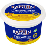 The skimmed milk is curdled, dried, and transformed into a dry product called "metton." This metton is then pressed to obtain a dry loaf, which is crumbled to obtain the raw material for cancoillotte.