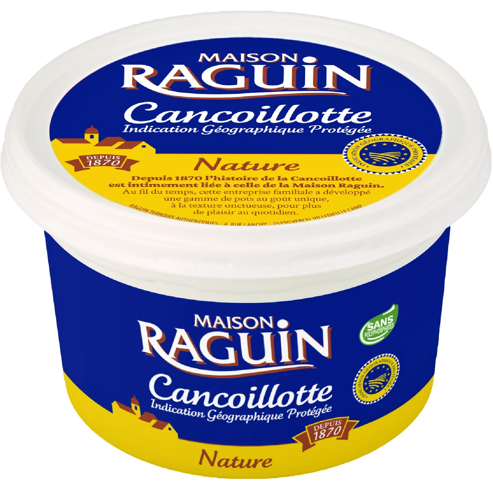 The skimmed milk is curdled, dried, and transformed into a dry product called "metton." This metton is then pressed to obtain a dry loaf, which is crumbled to obtain the raw material for cancoillotte.