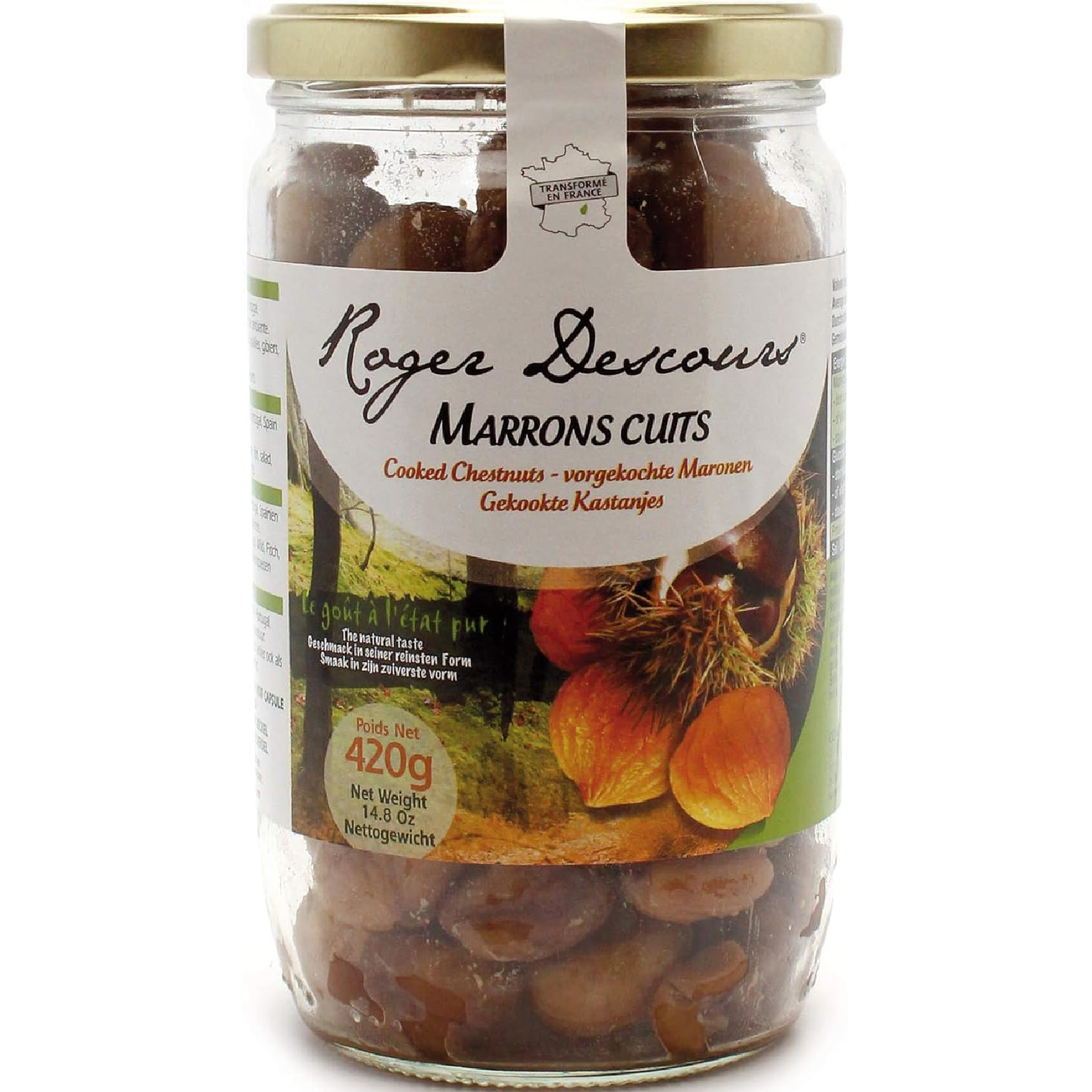 Jar of stewed chestnuts 420g by Roger Descours, showcasing tender chestnuts prepared using traditional French methods.