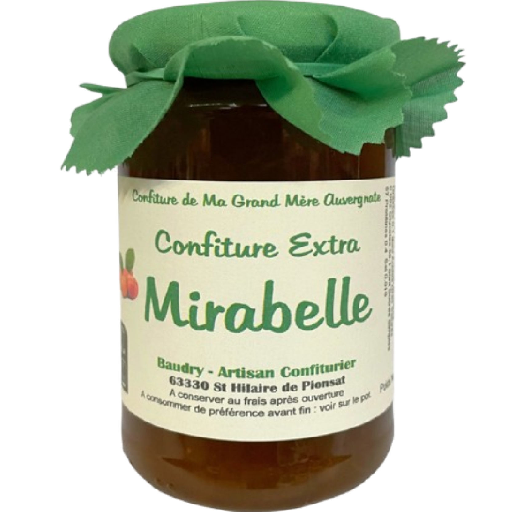 Jar of Mirabelle Plum Jam Domaine de Baudry 370g, authentic French Mirabelle plum preserve with smooth texture and rich fruity flavor.