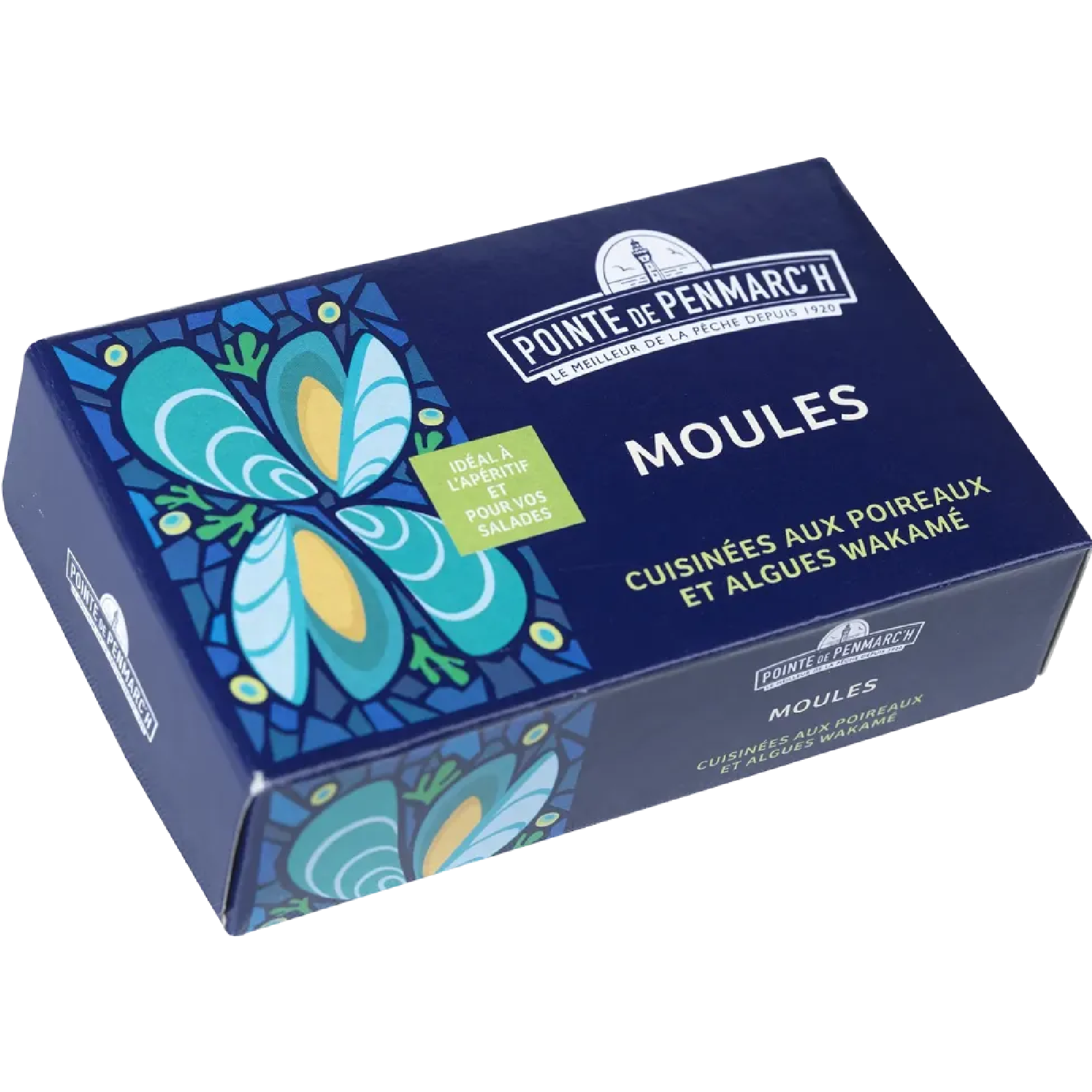 Pointe de Penmarc’h mussels with leeks and wakame seaweed, 115g tin, gourmet Breton seafood specialty with delicate marine and umami flavors.