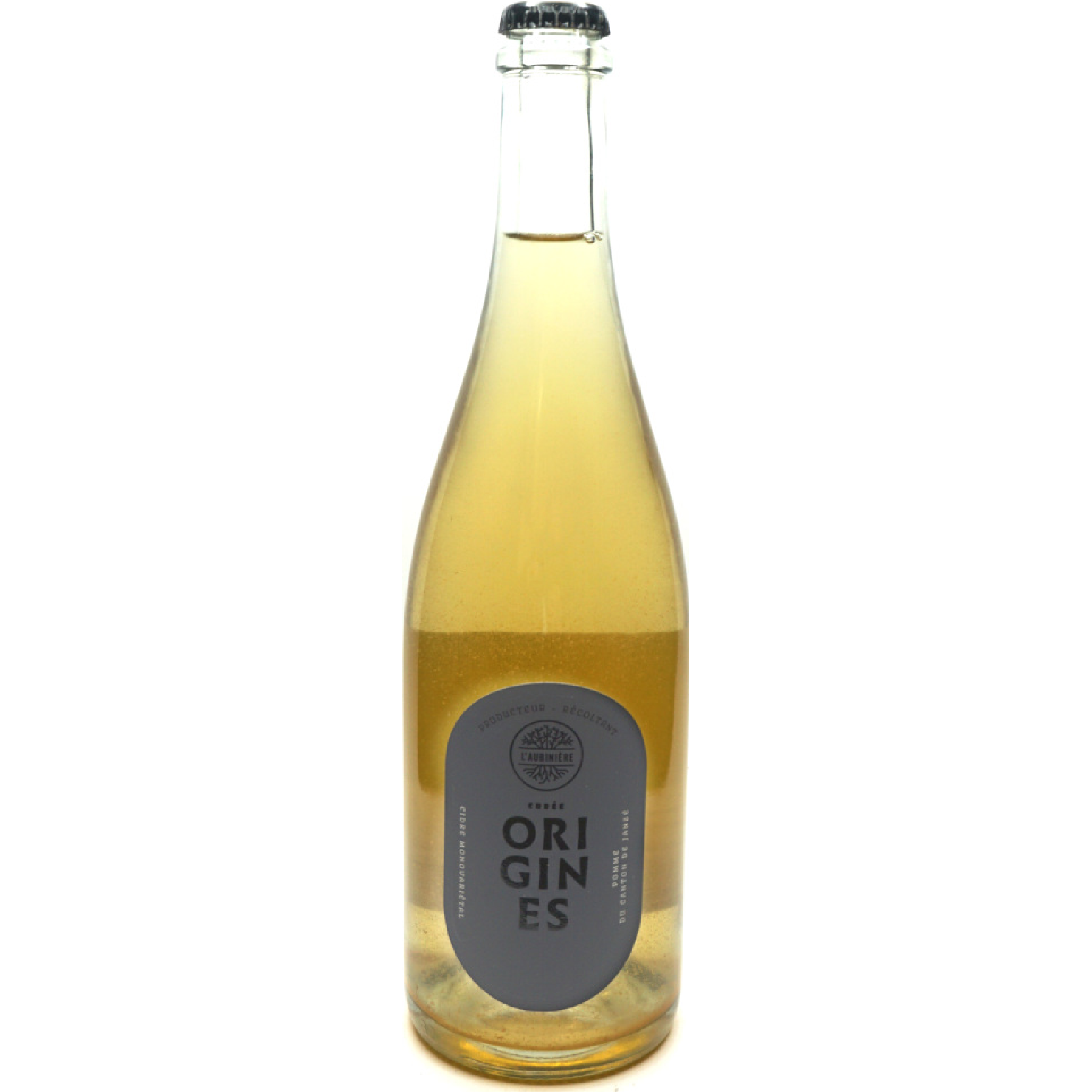Origines Brut Cider by Cidrerie L’Aubinière, authentic French artisanal cider with fresh apple aromas, fine natural bubbles, and elegant orchard character.