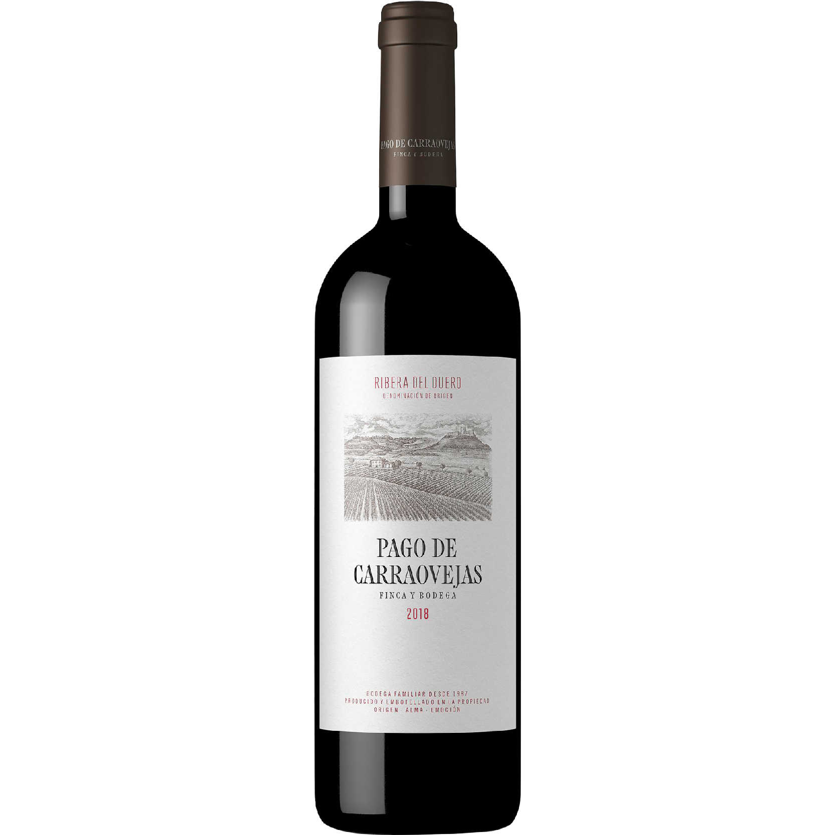 Bottle of Pago de Carraovejas Finca y Bodega red wine from Ribera del Duero, showcasing deep ruby color and elegant label, made from Tempranillo grapes.