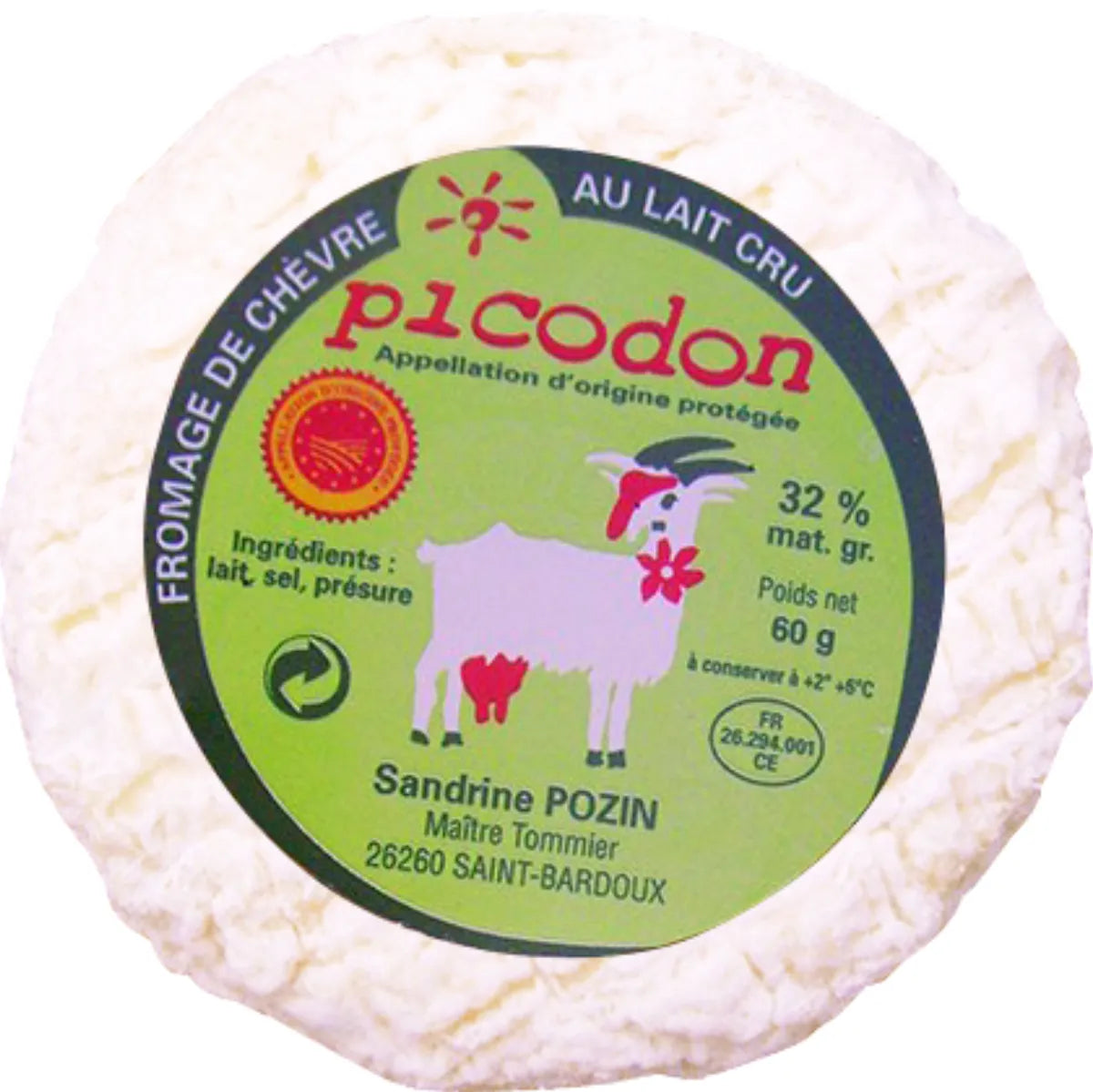 Picodon AOP – Aged goat cheese from Drôme, France. Small, rustic, and full of flavor, with a natural rind and intense, nutty aroma