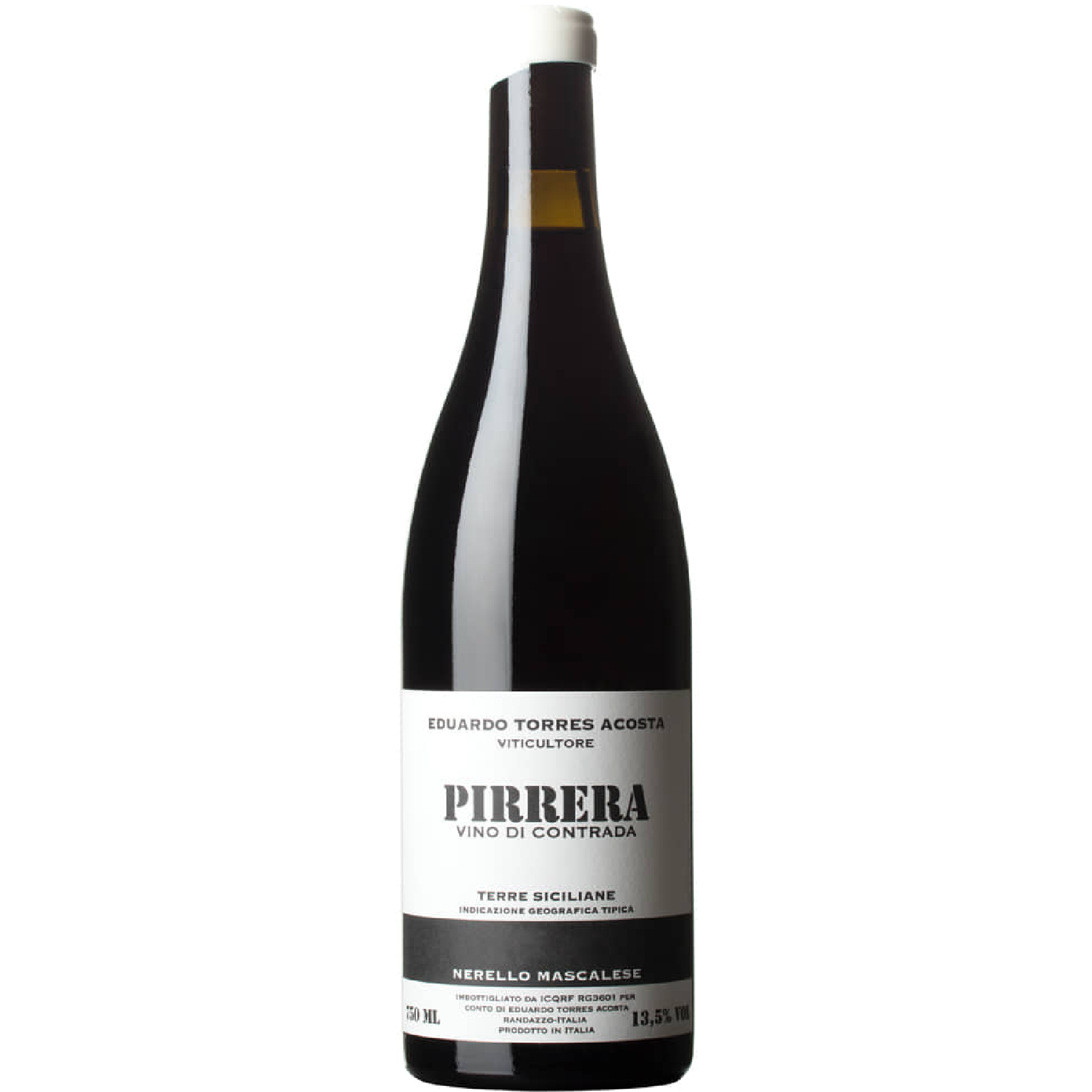 Bottle of “Pirrera” DOC Rosso Terre Siciliane 2022 by Eduardo Torres Acosta, elegant Sicilian red wine with a deep ruby color and refined label.