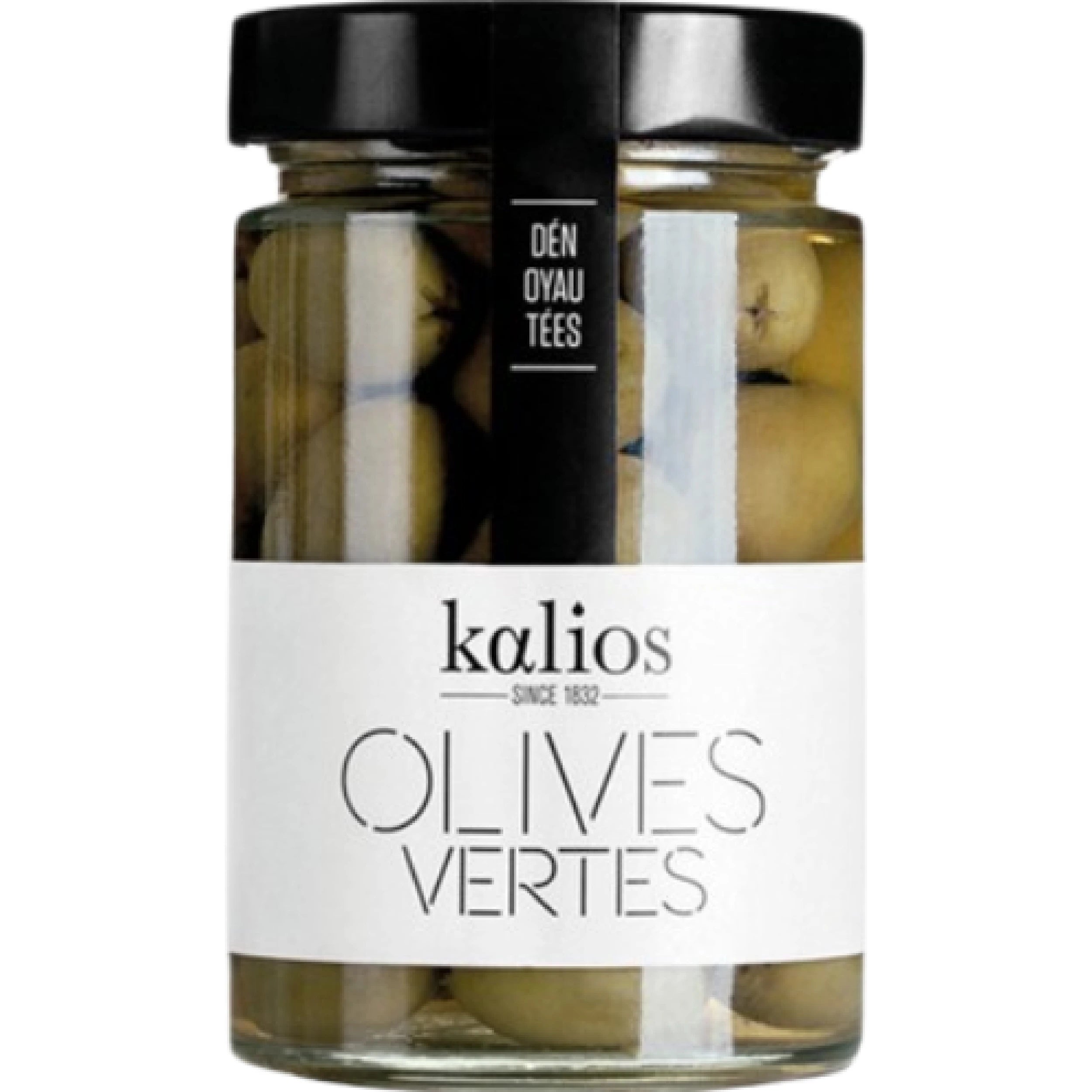 Kalios pitted green olives 310g from Greece, premium Mediterranean olives ideal for aperitifs, salads, tapas, and gourmet dishes.
