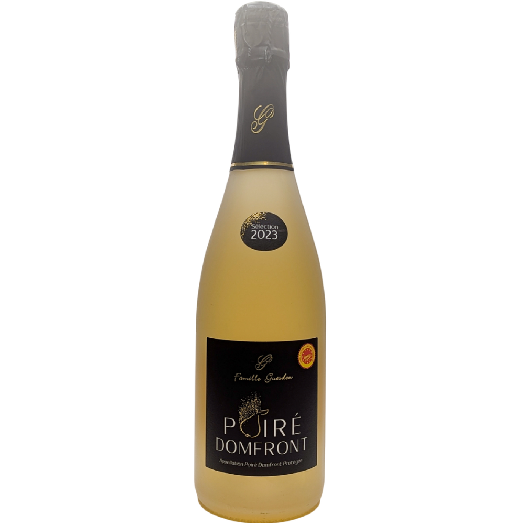 Domfront Perry AOP by Famille Guesdon, traditional French pear cider with fine bubbles, fresh pear aromas, and elegant Norman craftsmanship.
