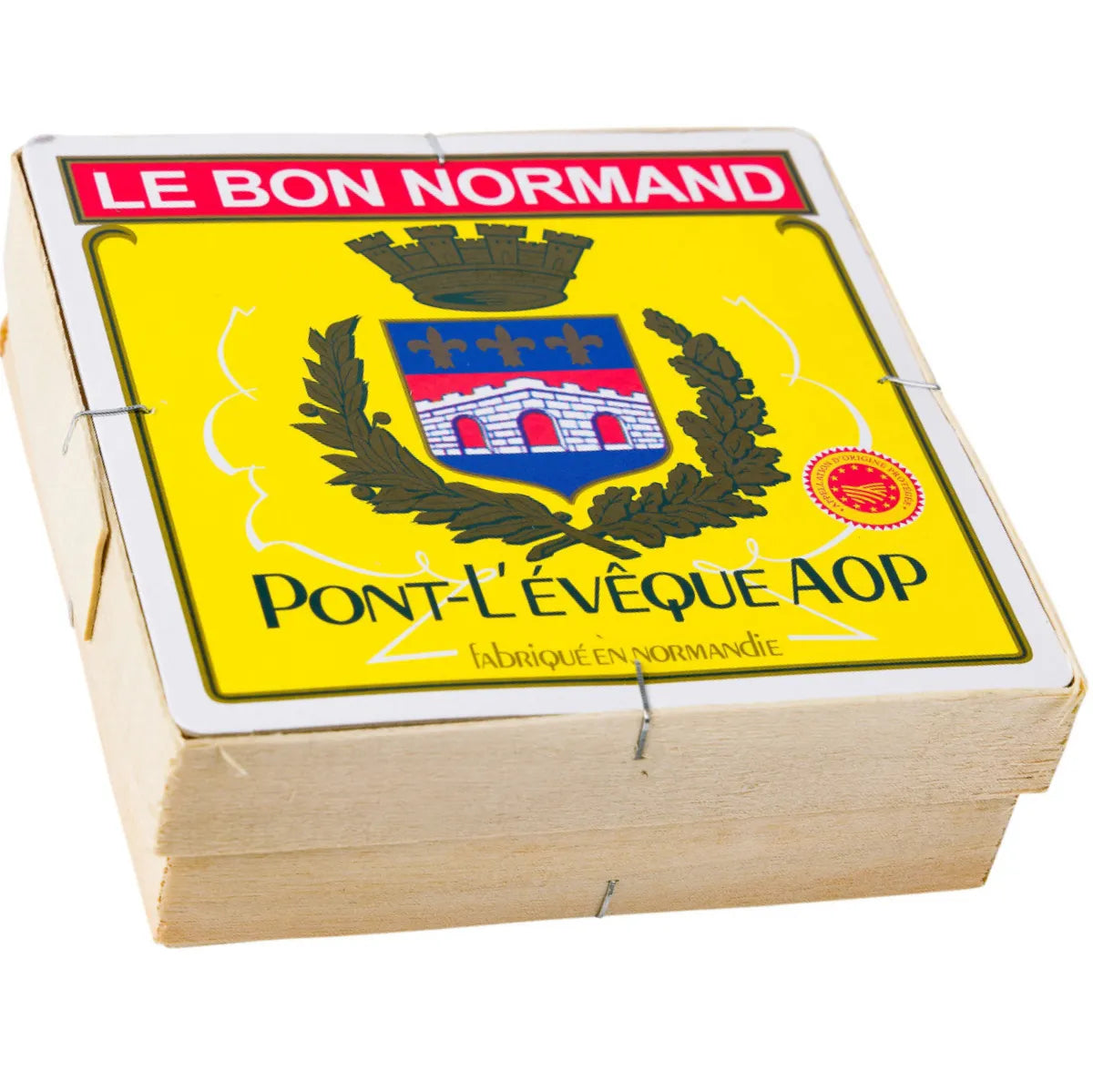 Square Pont-l’Évêque cheese with a washed orange rind and creamy interior, classic French cow’s milk cheese from Normandy.