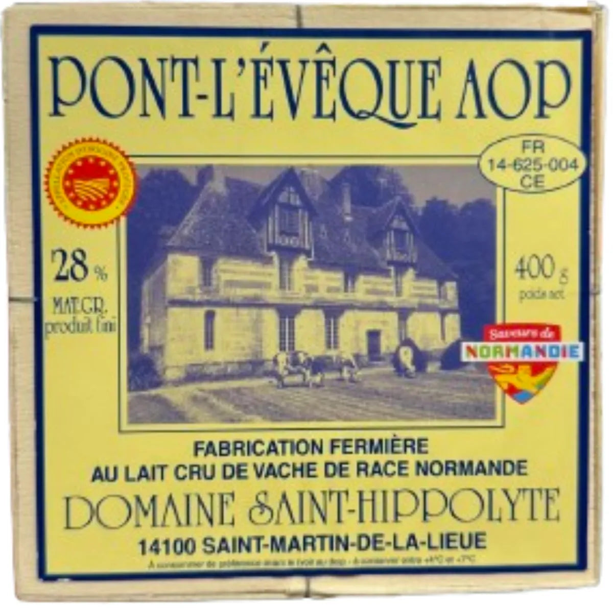 Pont-l’Évêque AOP is a renowned soft cheese from Normandy, France, distinguished by its creamy texture and subtle nutty flavors. This cheese is easily recognizable by its unique square shape and washed rind, which ranges from yellow to orange in color. Made from rich, raw cow's milk, Pont-l’Évêque AOP offers a refined taste experience, with a mild creaminess, delicate nutty undertones, and slightly smoky hints.
