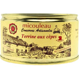 Jar of Porcini Mushroom Terrine Micouleau 200g, gourmet French terrine with porcini mushrooms, smooth texture and rich earthy flavor.