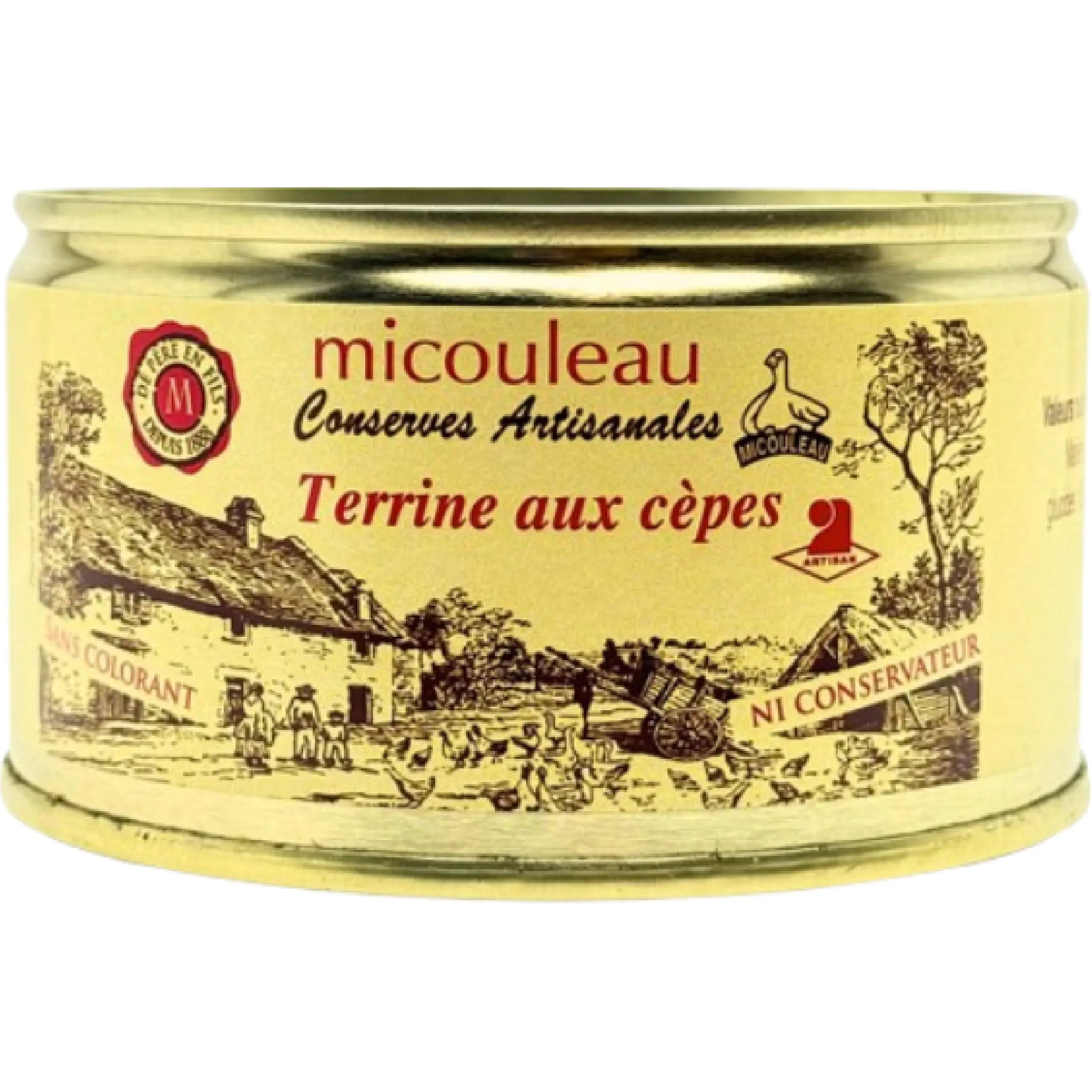 Jar of Porcini Mushroom Terrine Micouleau 200g, gourmet French terrine with porcini mushrooms, smooth texture and rich earthy flavor.