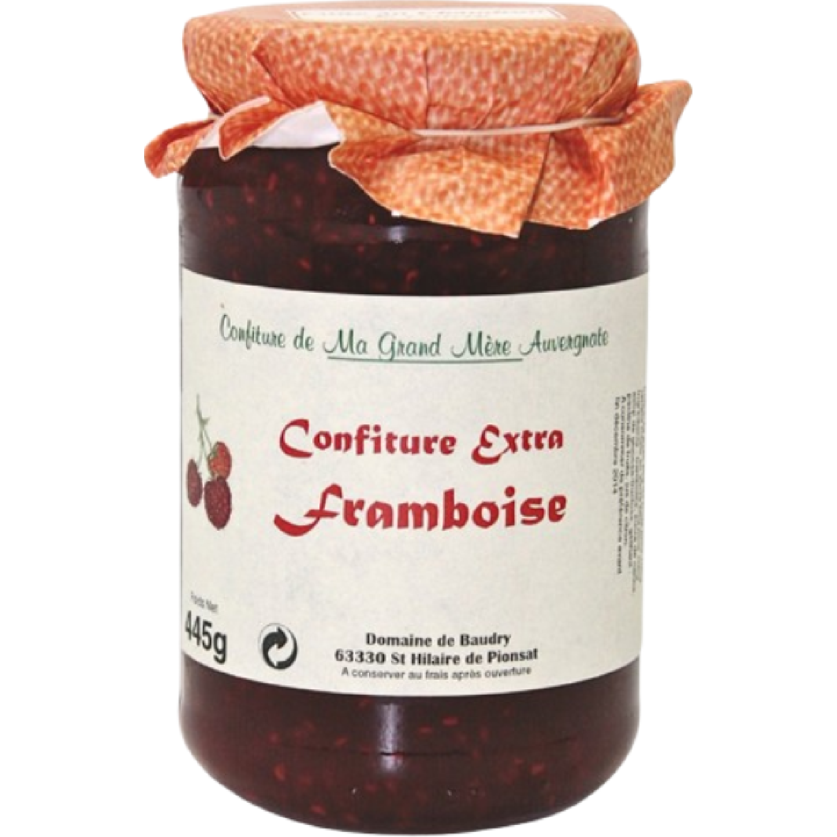 Jar of Raspberry Jam Domaine de Baudry 370g, authentic French raspberry preserve with bright fruity flavor and smooth texture.