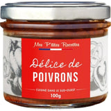 Jar of Red Pepper Delight Mes Petites Recettes 100g, creamy Mediterranean red pepper spread with sweet vegetal flavor and smooth texture.