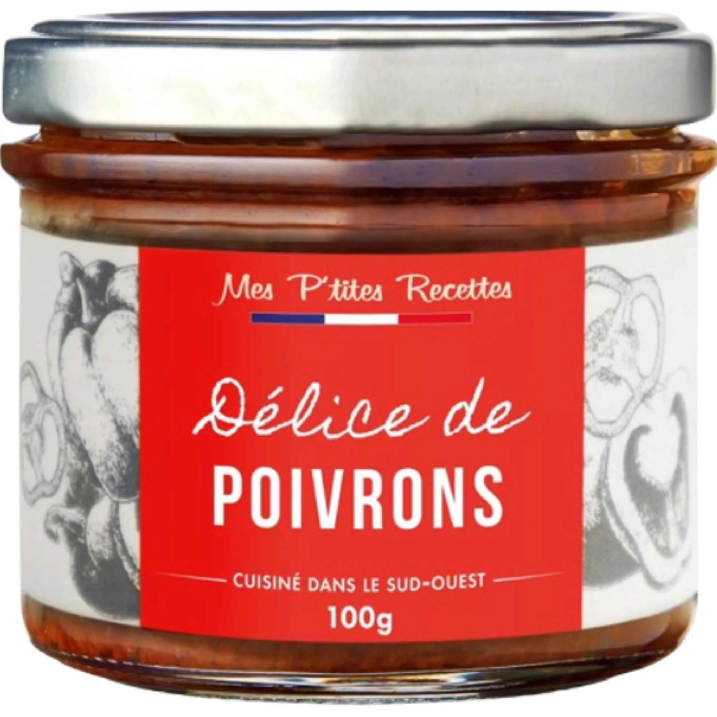 Jar of Red Pepper Delight Mes Petites Recettes 100g, creamy Mediterranean red pepper spread with sweet vegetal flavor and smooth texture.