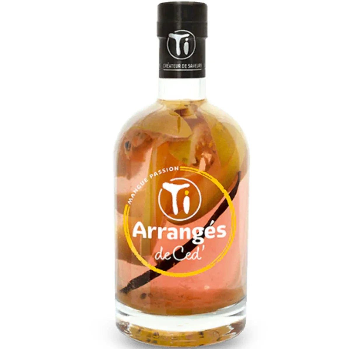 Ti Arrangés de Ced' Mango Passion: Exotic rum infusion with ripe Kent mangoes, passion fruit, AOC Martinique agricultural rum, and vanilla pod. Vibrant bottle showcasing golden-hued, fruit-infused rum.