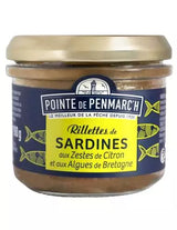 Jar of sardine rillettes with lemon zest and Brittany seaweed from La Pointe de Penmarc’h — a creamy, artisanal Breton seafood spread.