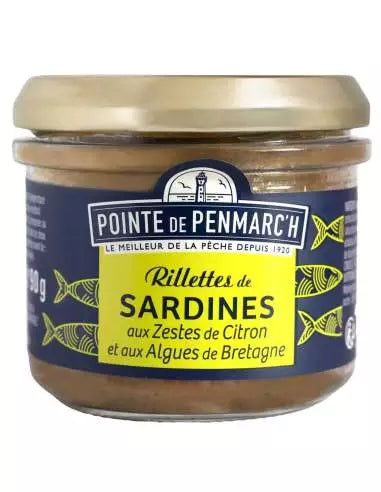 Jar of sardine rillettes with lemon zest and Brittany seaweed from La Pointe de Penmarc’h — a creamy, artisanal Breton seafood spread.