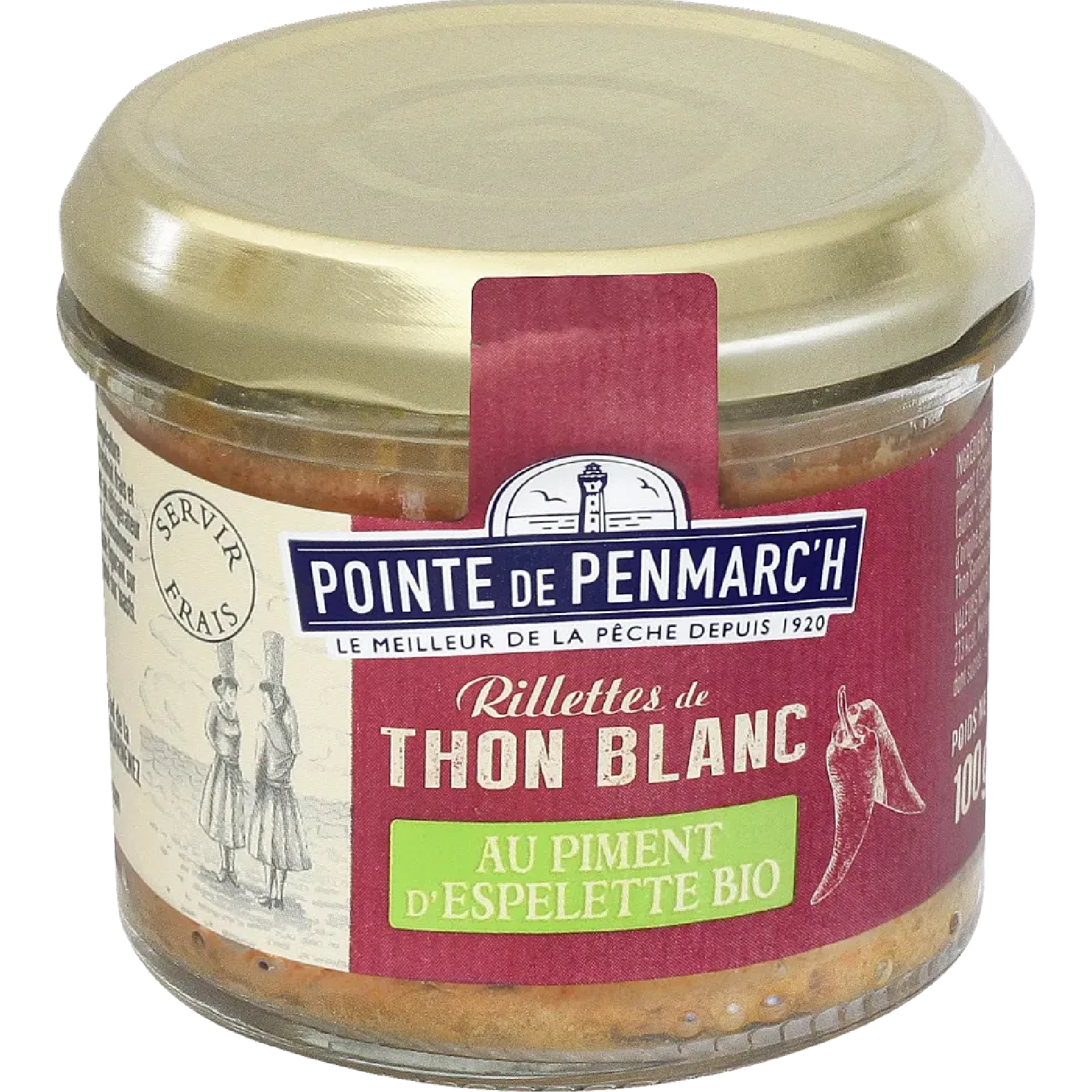Albacore tuna rillettes with organic Espelette pepper purée by Pointe de Penmarc’h, 100g jar, gourmet Breton seafood spread.