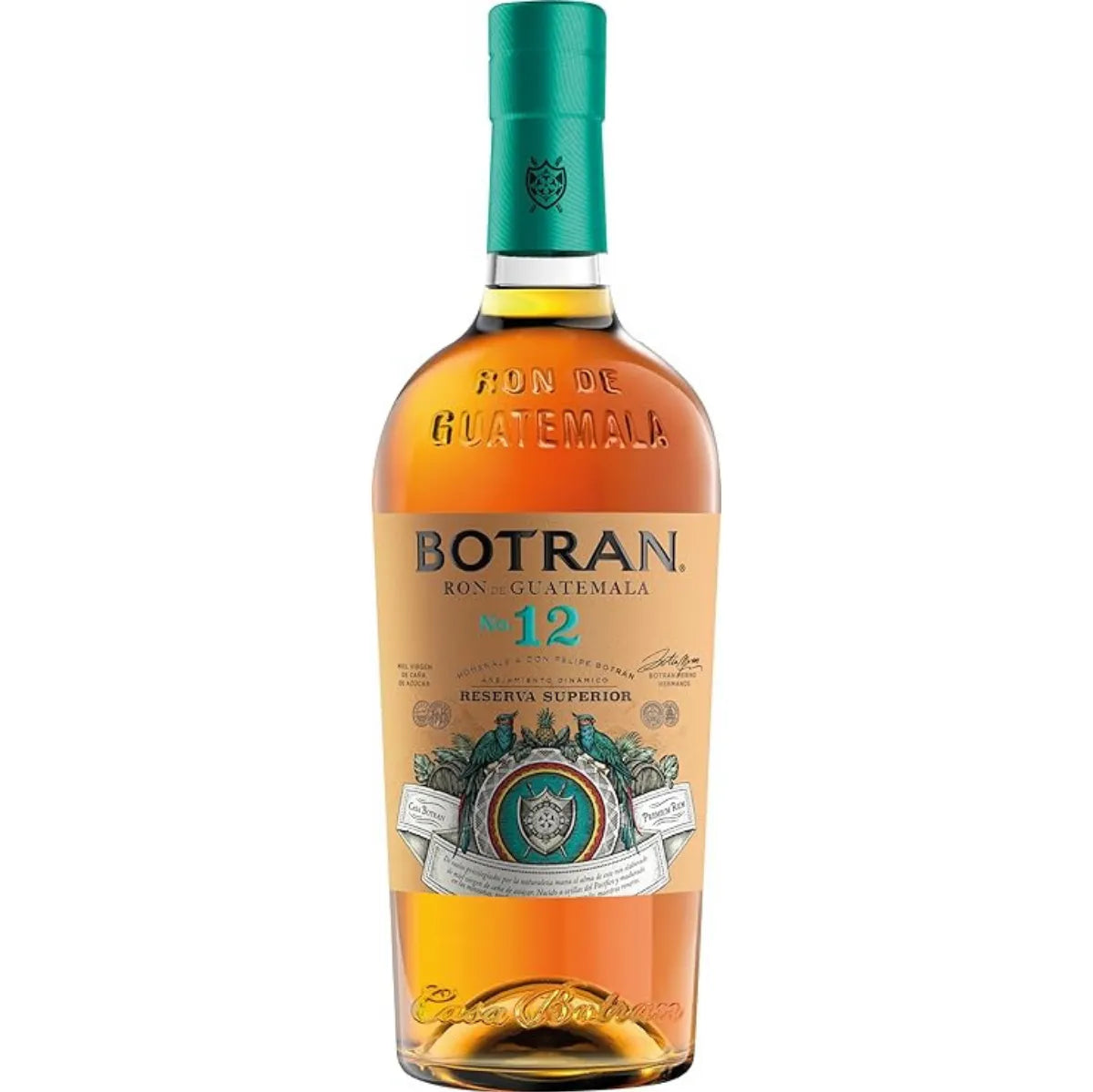 Bottle of Botran Sistema 12 Solera Rum from Guatemala with branded tasting glass, showcasing premium packaging and amber rum color