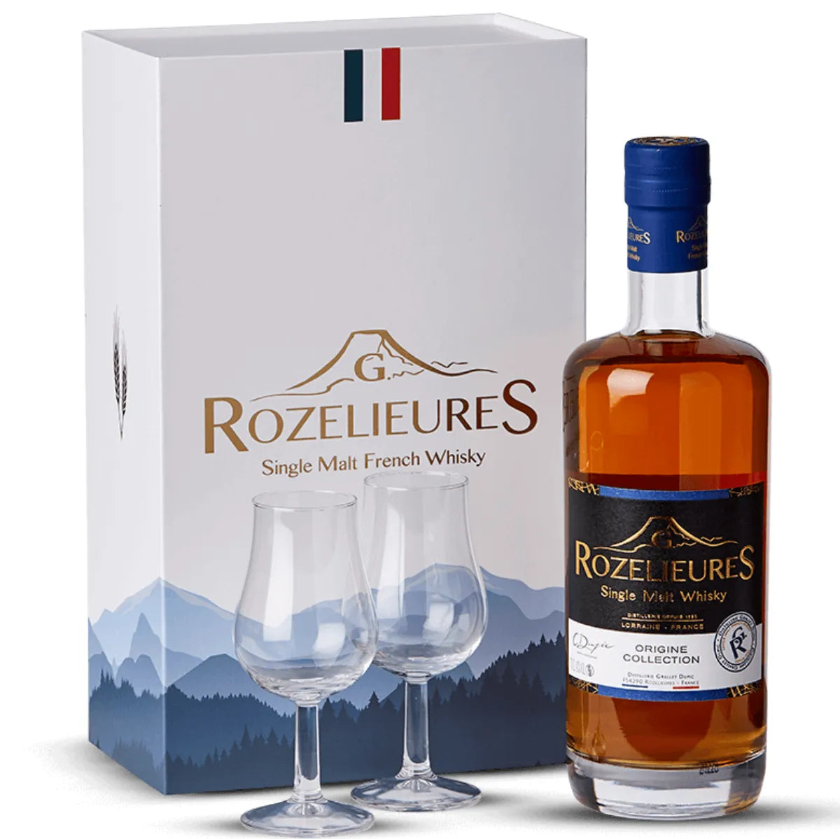Elegant gift box featuring Rozelieures Origine Single Malt Whisky and two tasting glasses – the perfect set for French whisky lovers and connoisseurs.